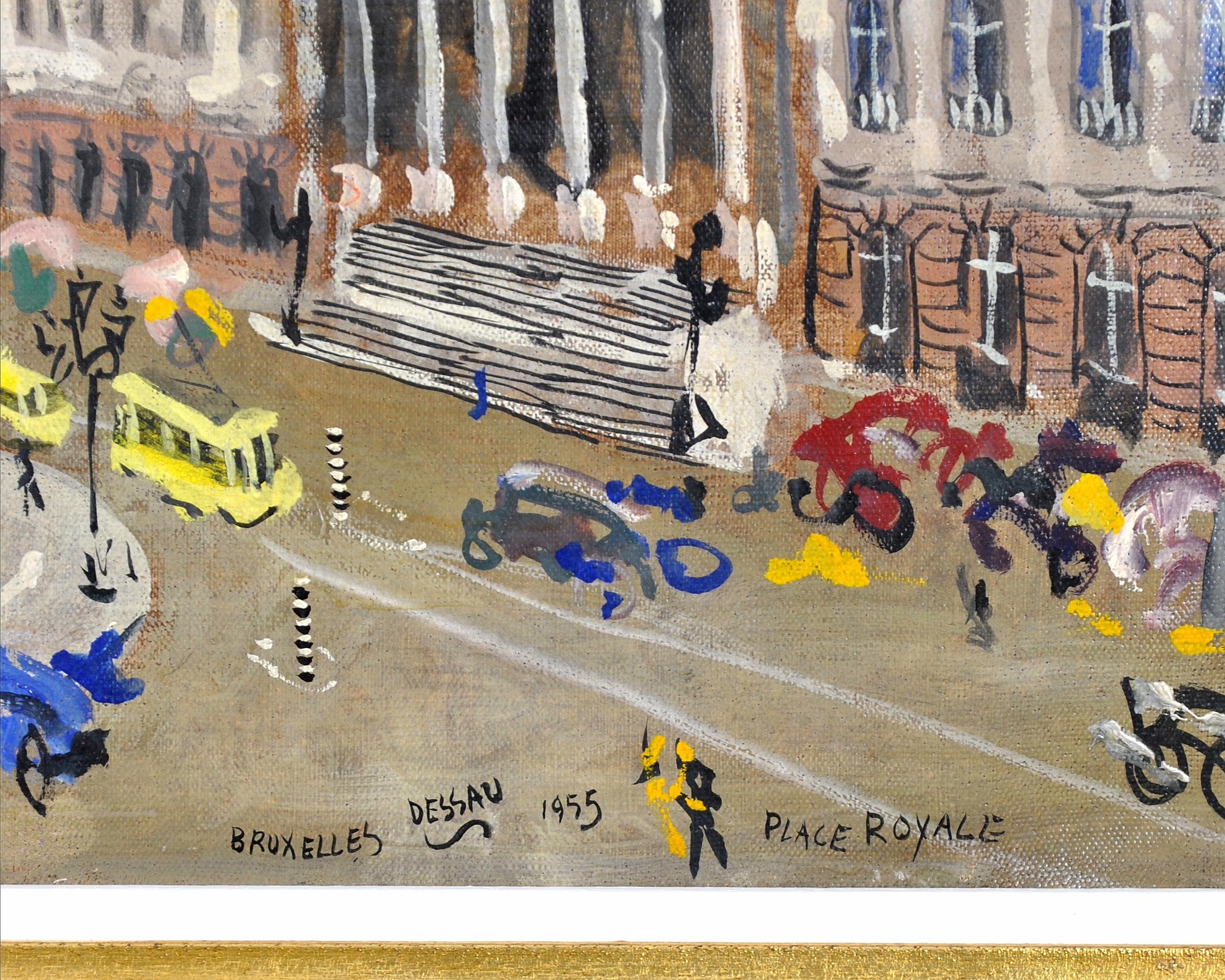 Place Royale, Brussels - Mid Century Naif Busy City Street Belgium Oil Painting For Sale 1