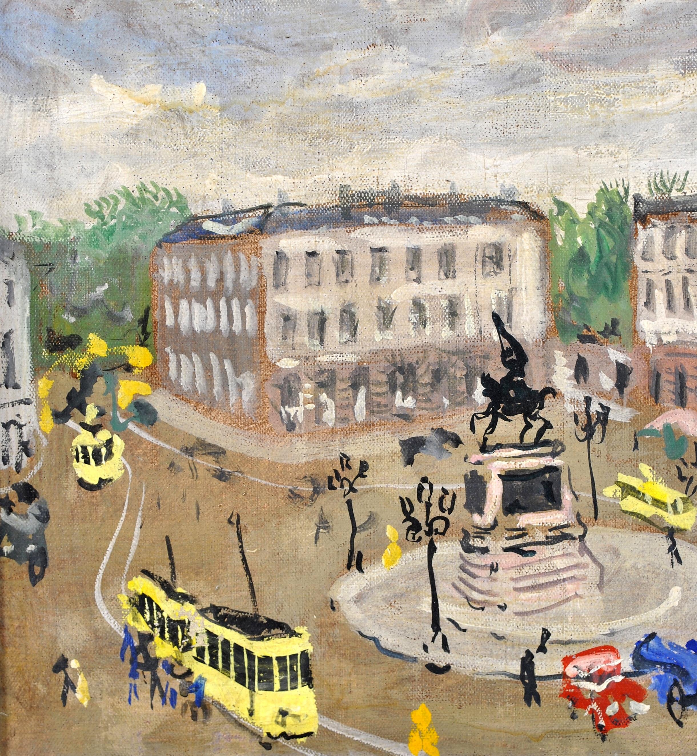 Place Royale, Brussels - Mid Century Naif Busy City Street Belgium Oil Painting For Sale 2