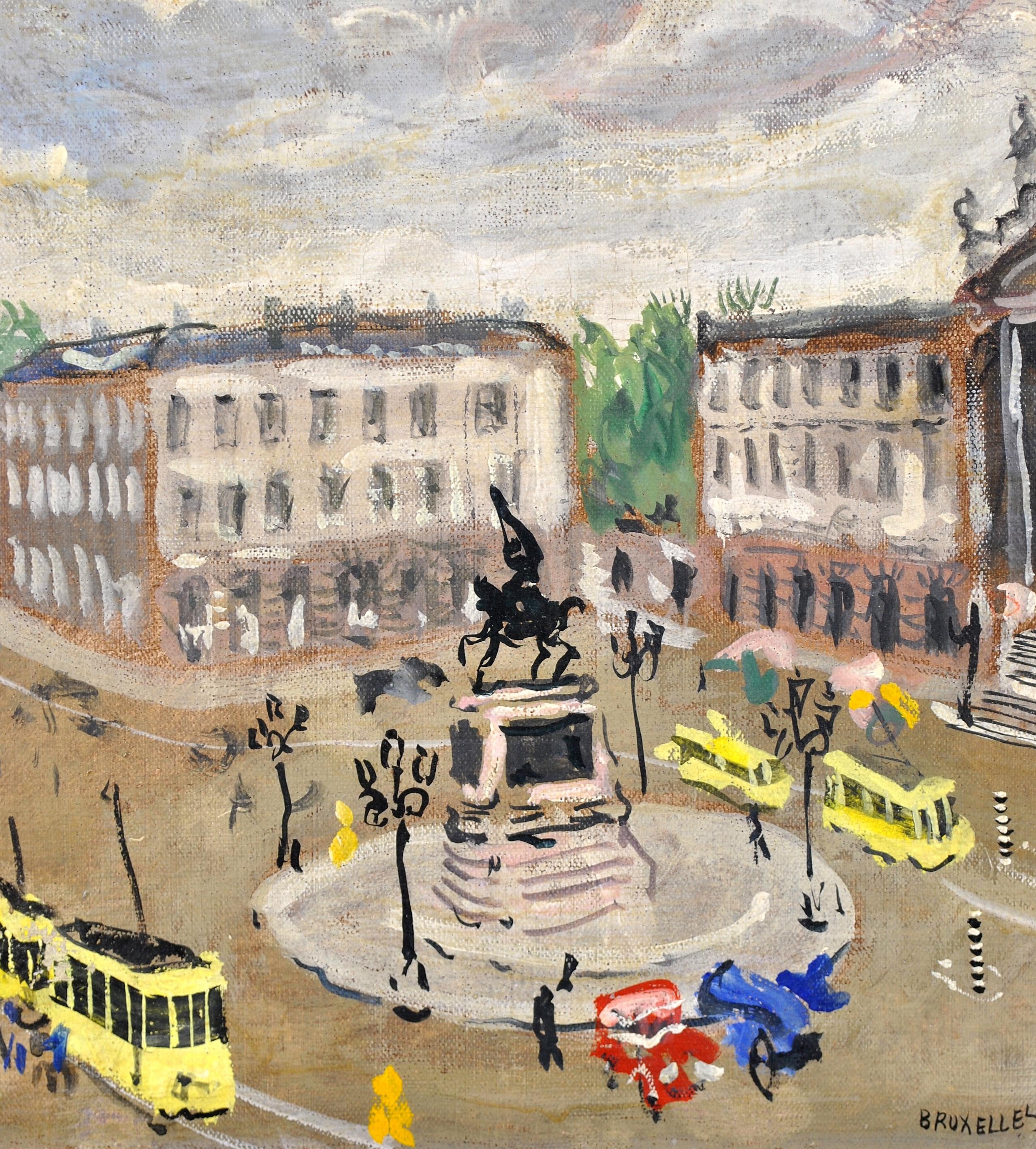 Place Royale, Brussels - Mid Century Naif Busy City Street Belgium Oil Painting For Sale 3