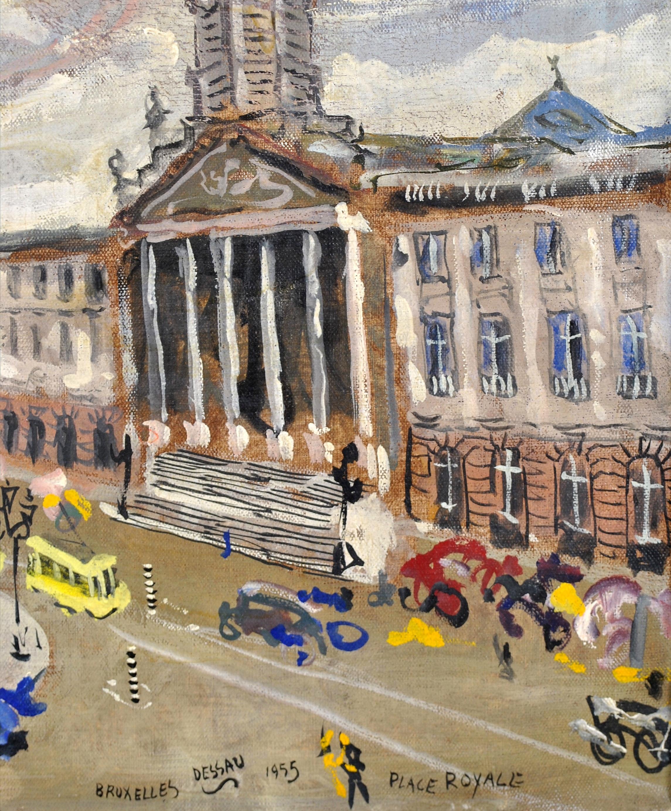 Place Royale, Brussels - Mid Century Naif Busy City Street Belgium Oil Painting For Sale 4