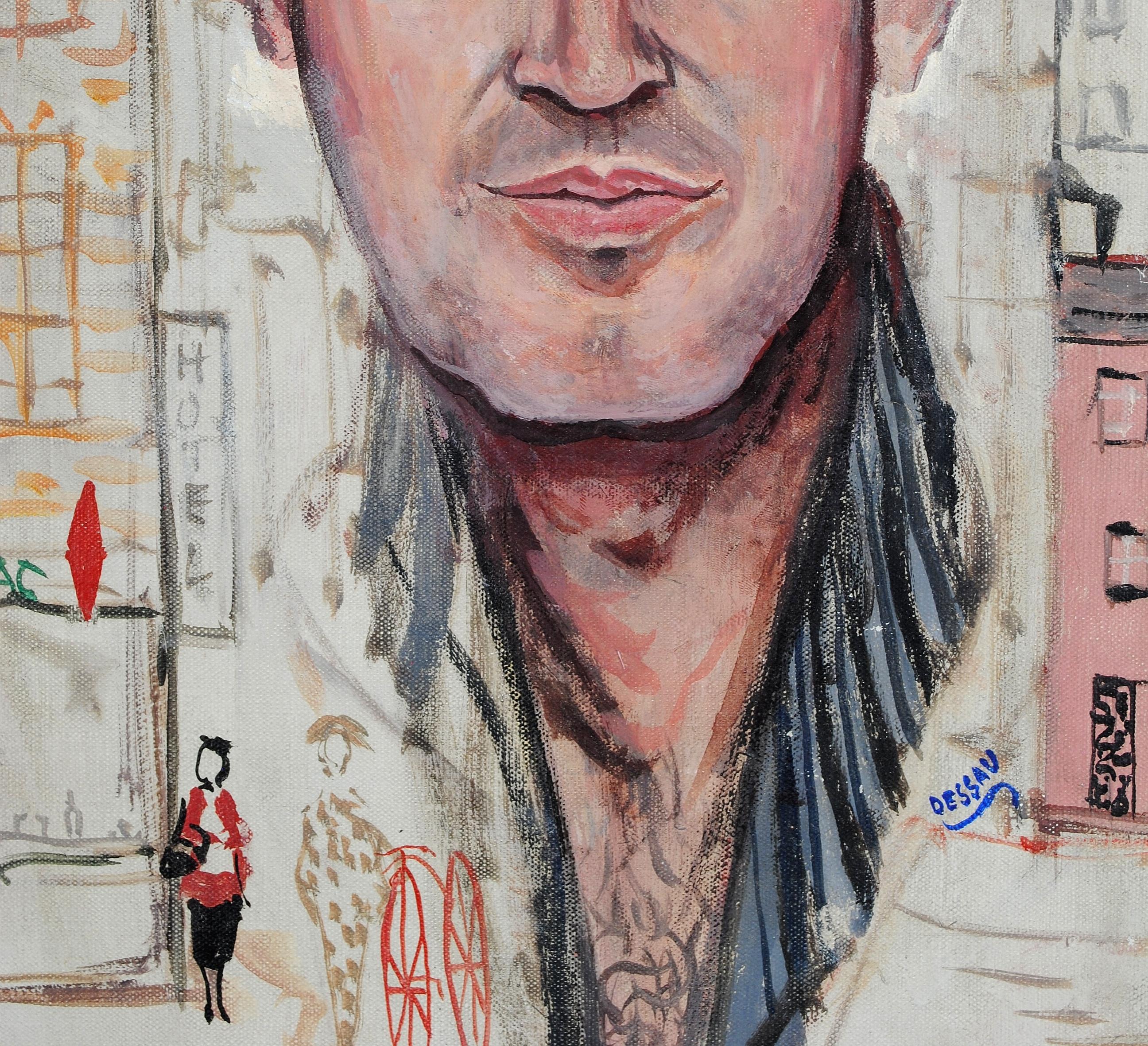 Self Portrait in Paris - Mid 20th Century French Naif Oil on Canvas Painting For Sale 8