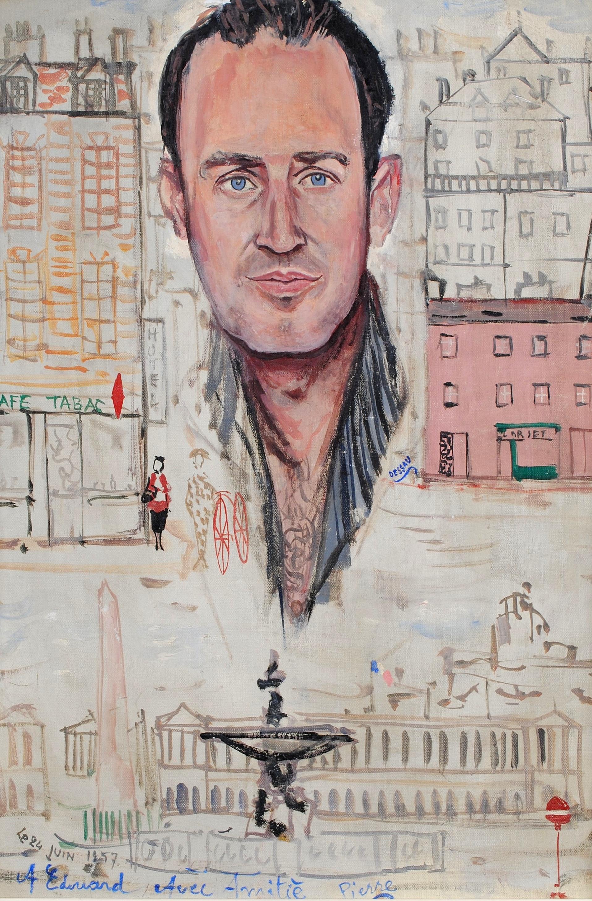 Self Portrait in Paris - Mid 20th Century French Naif Oil on Canvas Painting - Beige Landscape Painting by Paul Lucien Dessau