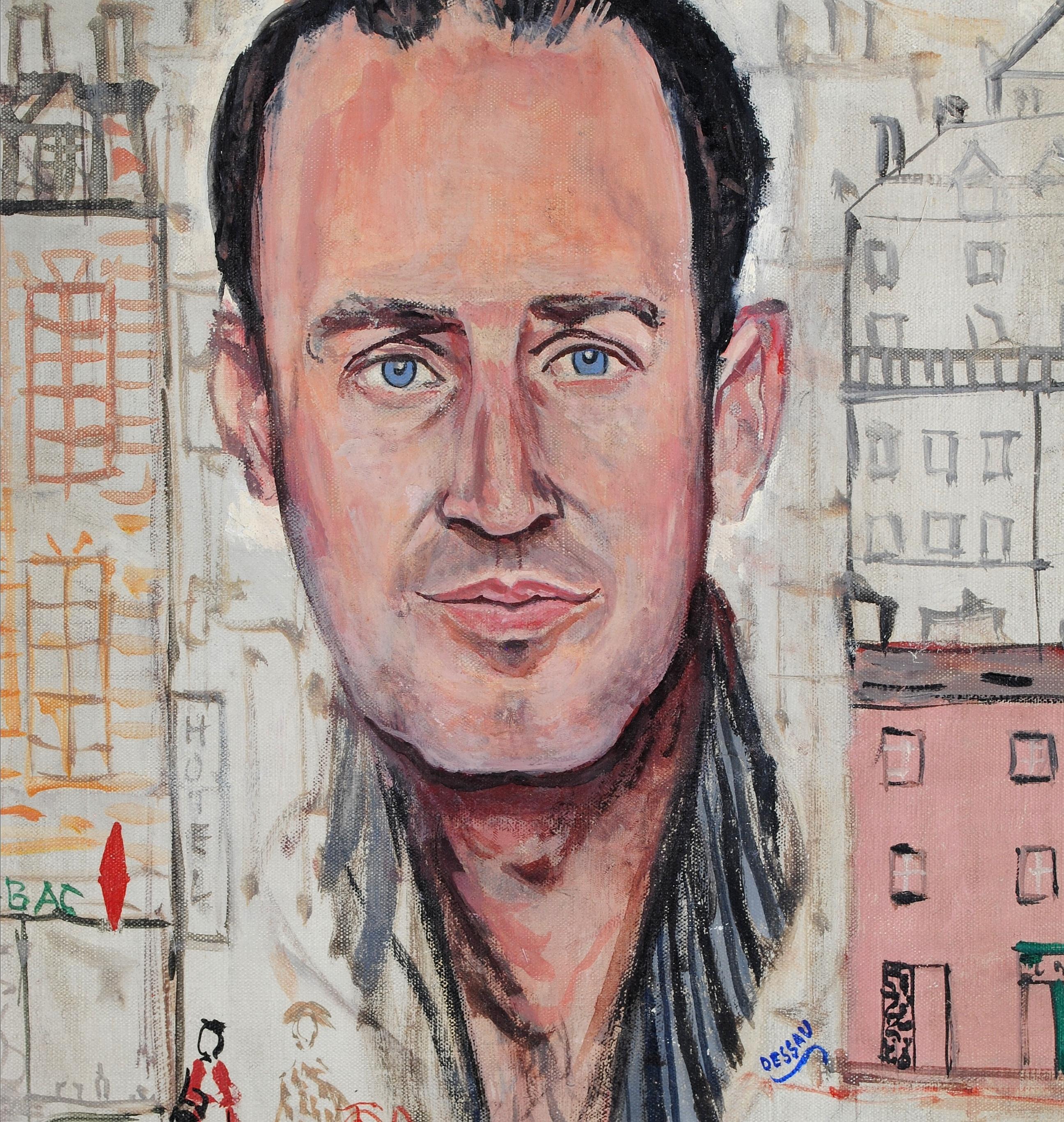 Self Portrait in Paris - Mid 20th Century French Naif Oil on Canvas Painting For Sale 1