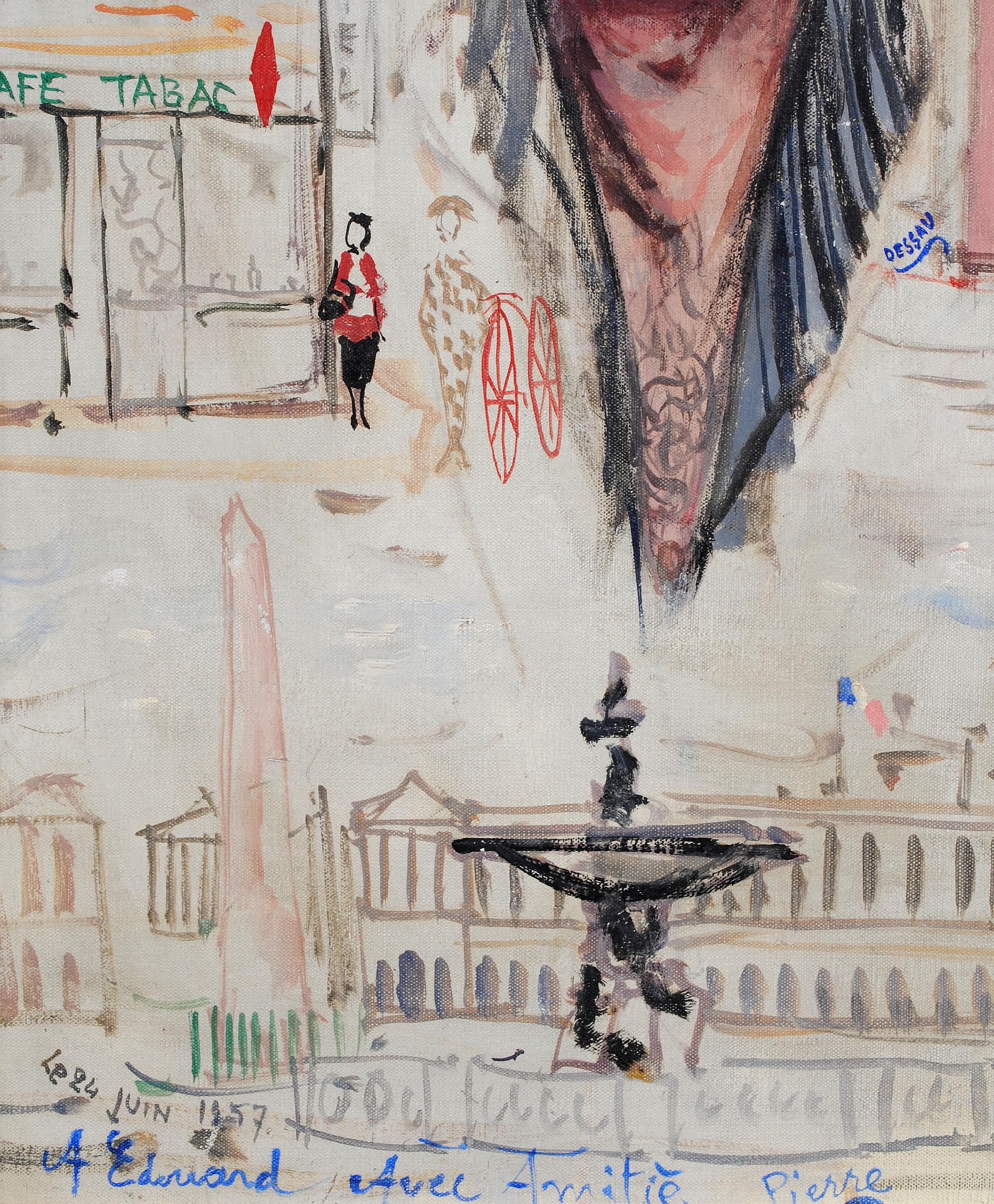 Self Portrait in Paris - Mid 20th Century French Naif Oil on Canvas Painting For Sale 3
