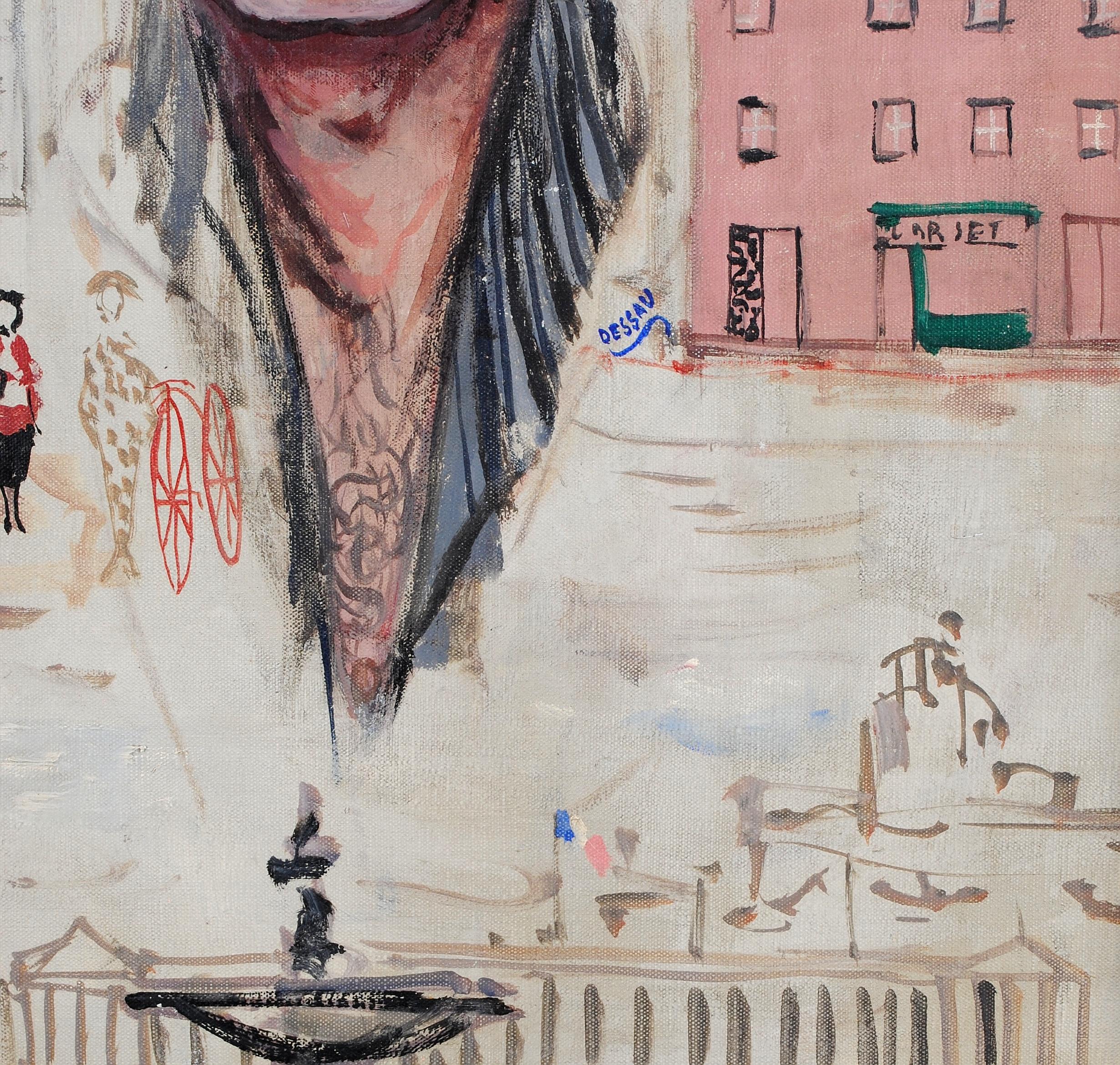 Self Portrait in Paris - Mid 20th Century French Naif Oil on Canvas Painting For Sale 5