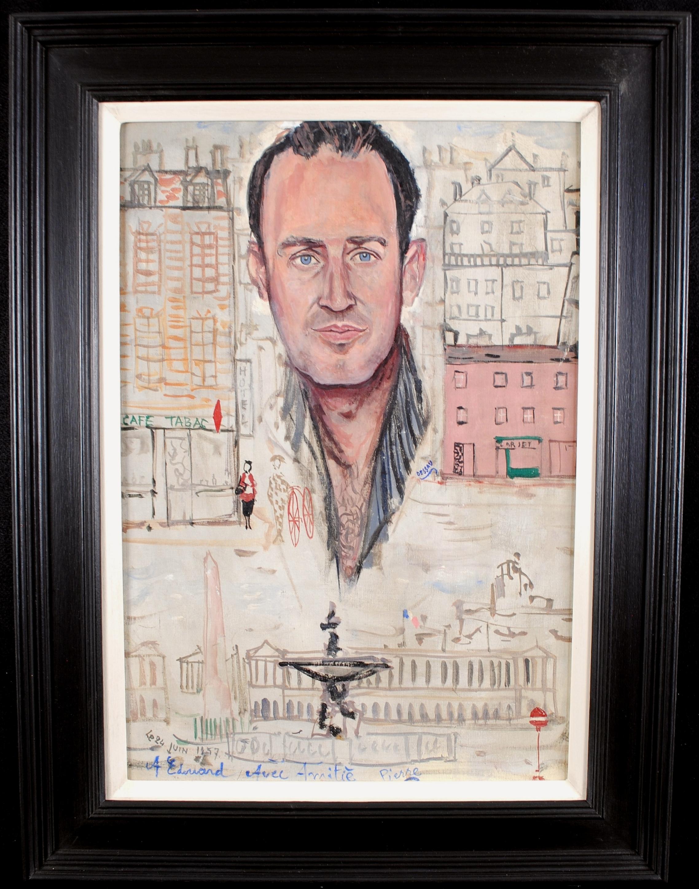 Paul Lucien Dessau Landscape Painting - Self Portrait in Paris - Mid 20th Century French Naif Oil on Canvas Painting
