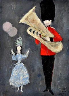 St James Palace - Guardsman Tuba & Girl Antique London Military Band Painting
