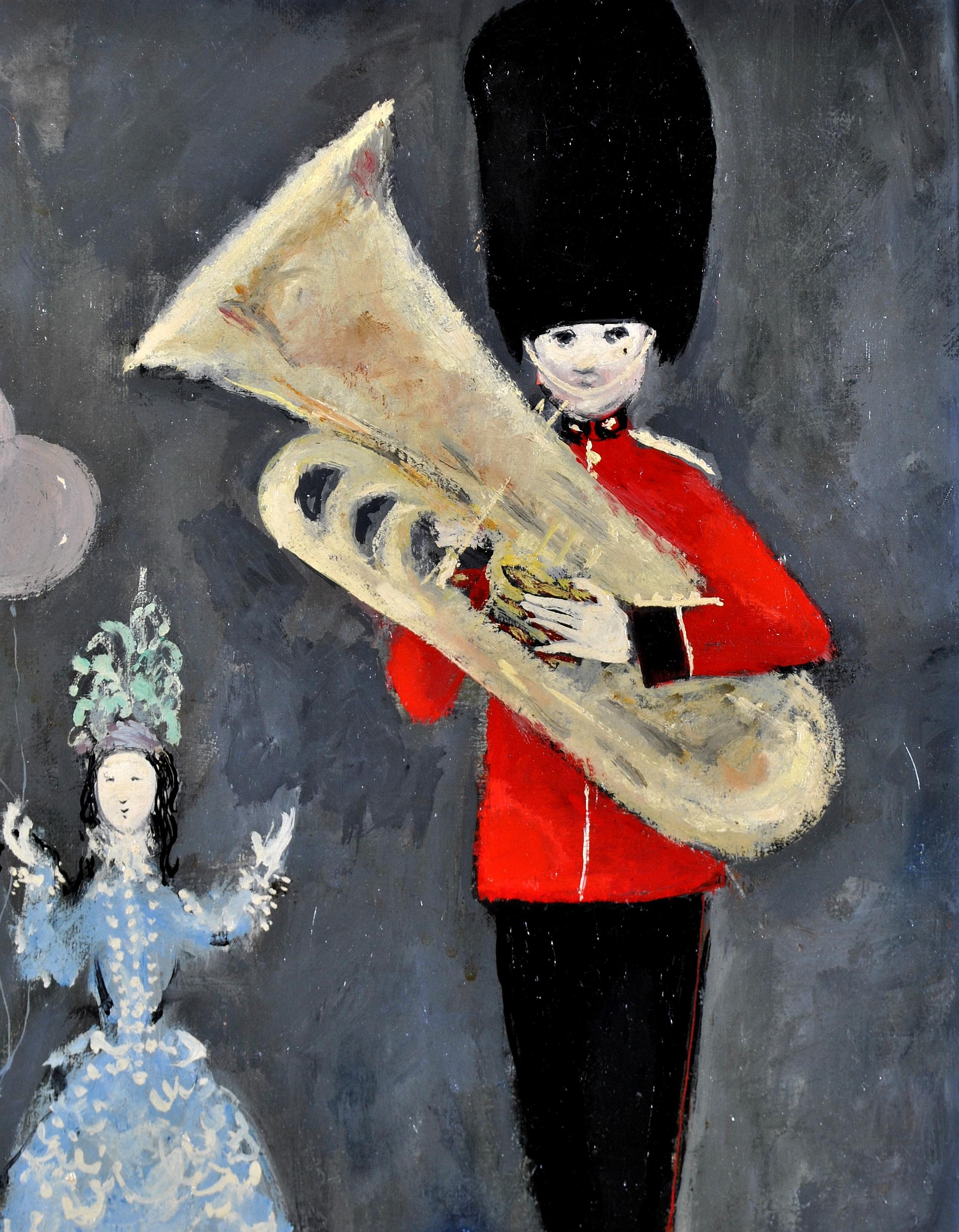 A beautifully whimsical c.1930 oil on canvas titled ''St. James Palace'' by Paul Lucien Dessau which depicts a Guardsman with a tuba and a young girl holding balloons. The artist is best known for his WW2 portraits of servicemen and women that he