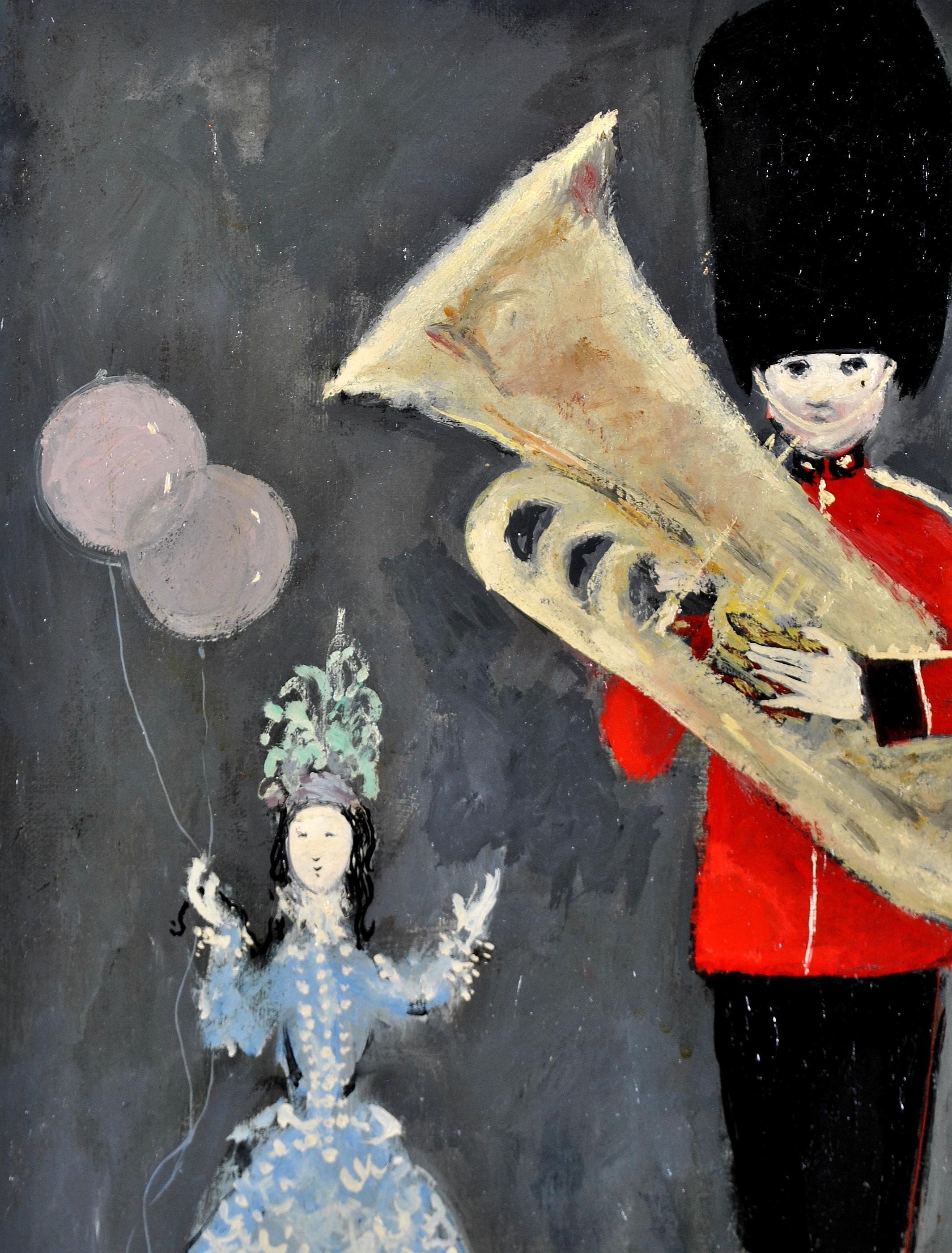 St James Palace - Guardsman Tuba & Girl Antique London Military Band Painting 1