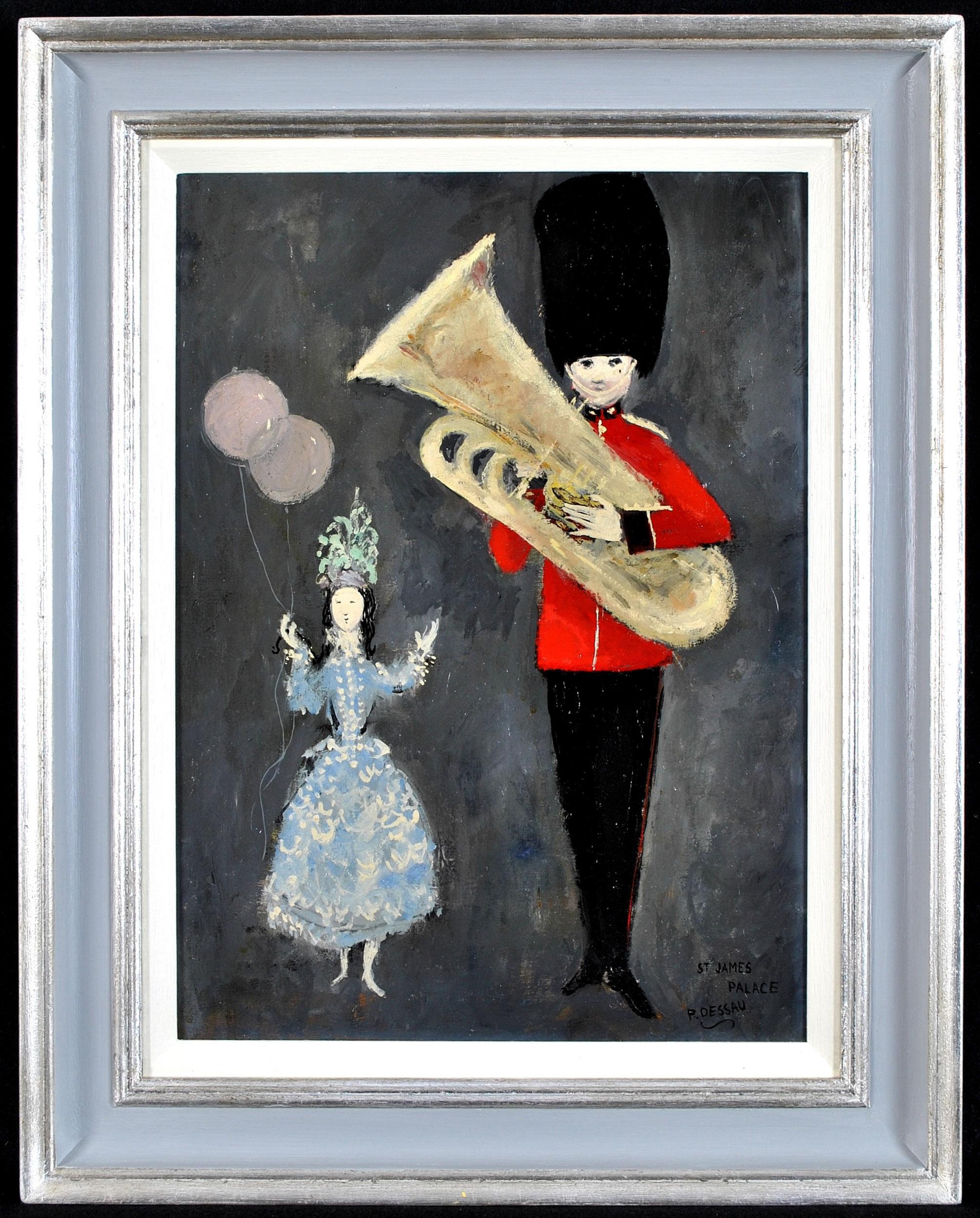 Paul Lucien Dessau Figurative Painting - St James Palace - Guardsman Tuba & Girl Antique London Military Band Painting