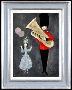 St James Palace - Guardsman Tuba & Girl Antique London Military Band Painting