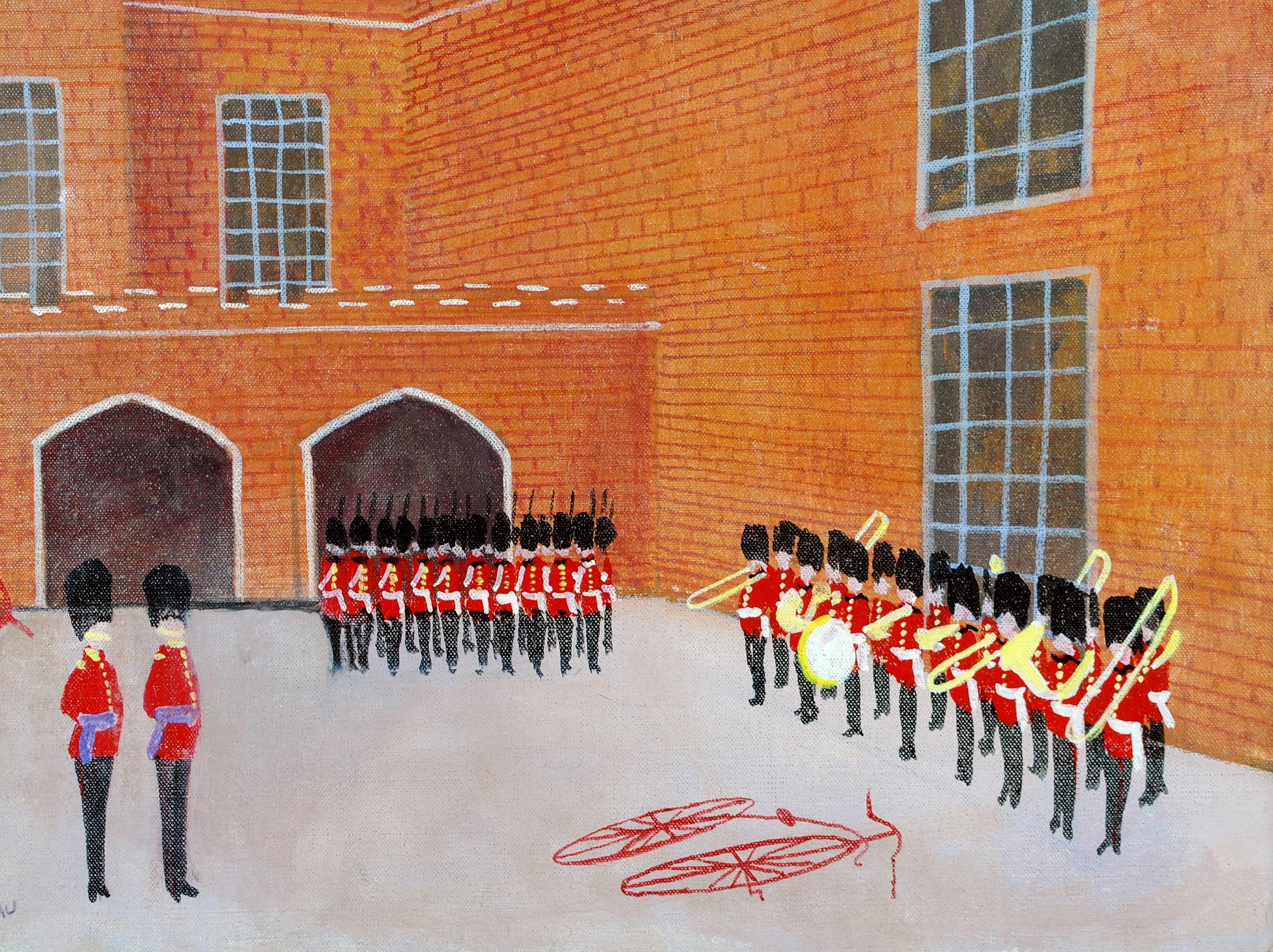 Precioso óleo sobre lienzo de la década de 1960 de Paul Lucien Dessau que representa una escena en el palacio de St. James, Londres, con guardias de uniforme rojo desfilando. 

La obra está firmada abajo a la izquierda y se presenta en un marco de