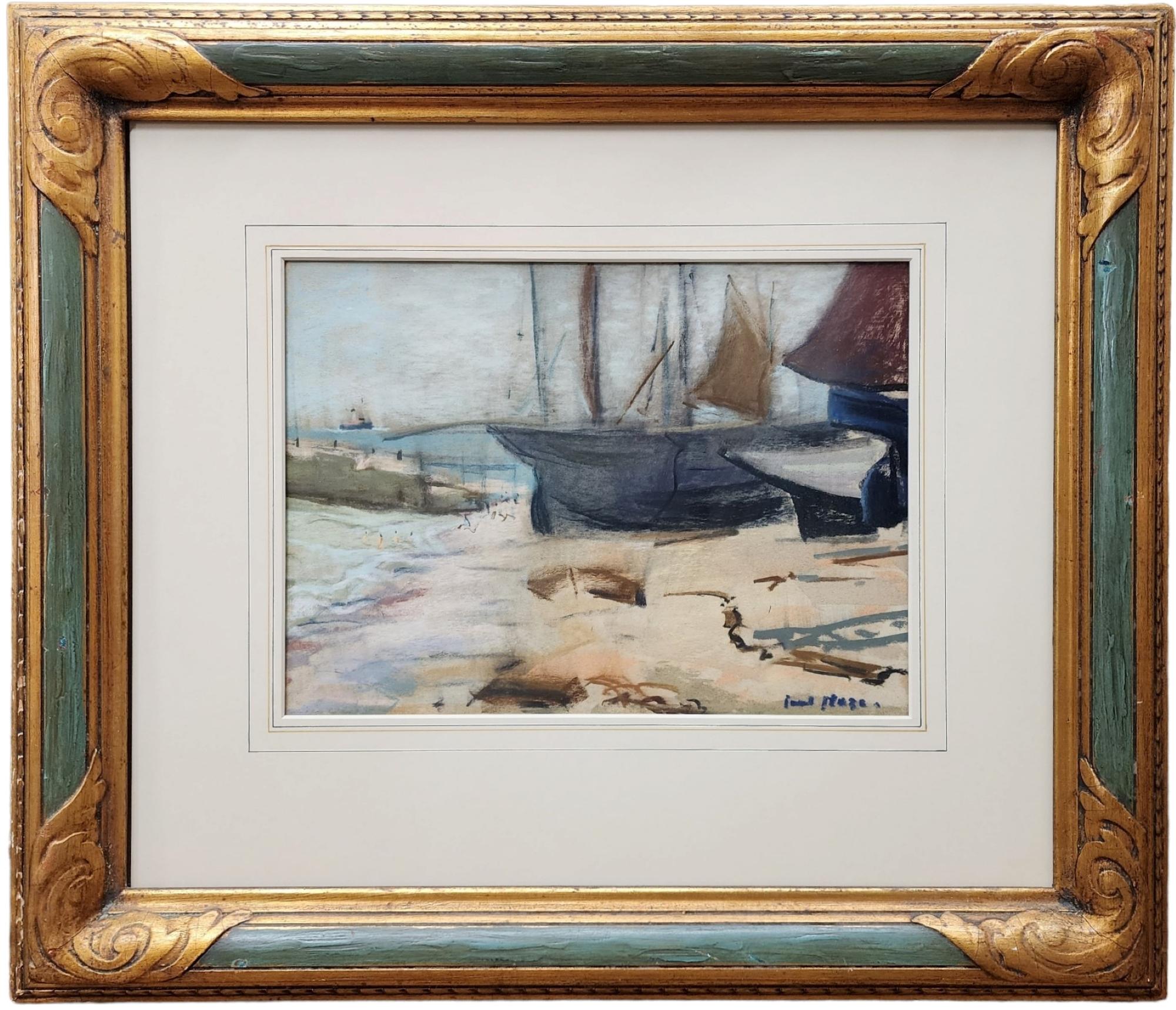 Boats on the Beach, Dorset, Pastel on Paper, Mentor of Winston Churchill - Painting by Paul Lucien Maze 
