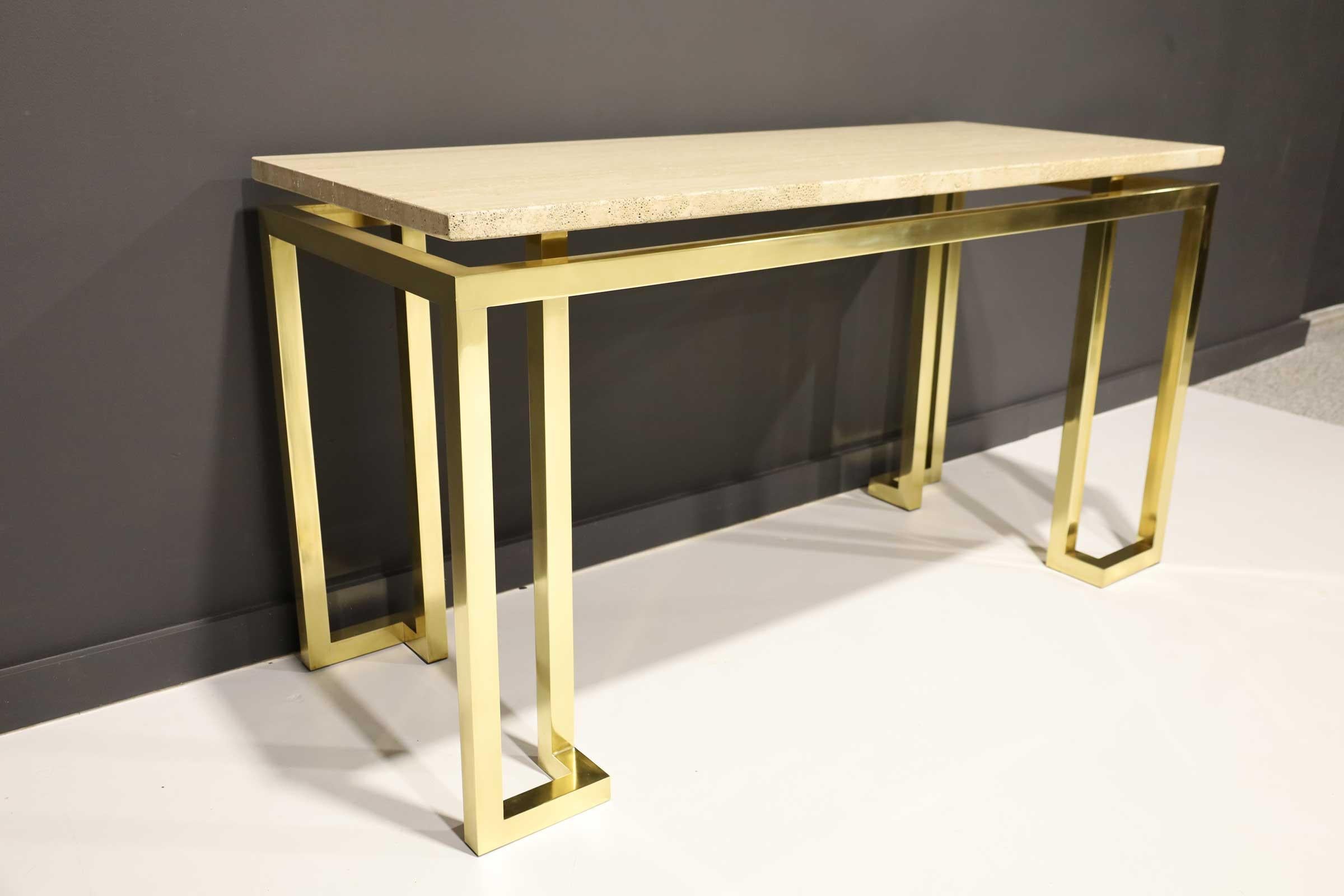 20th Century Paul M. Jones Brass and Travertine Console Table For Sale