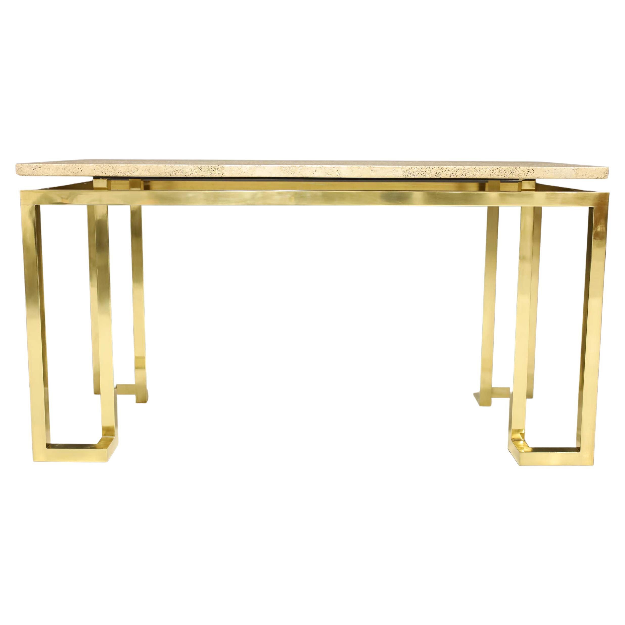 Paul M. Jones Brass and Travertine Console Table For Sale