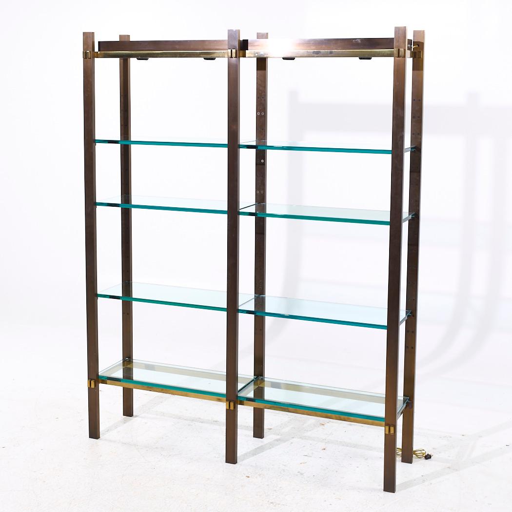 Fine XX secolo Paul M. Jones Scaffale a doppia illuminazione MCM in bronzo, ottone e vetro in vendita