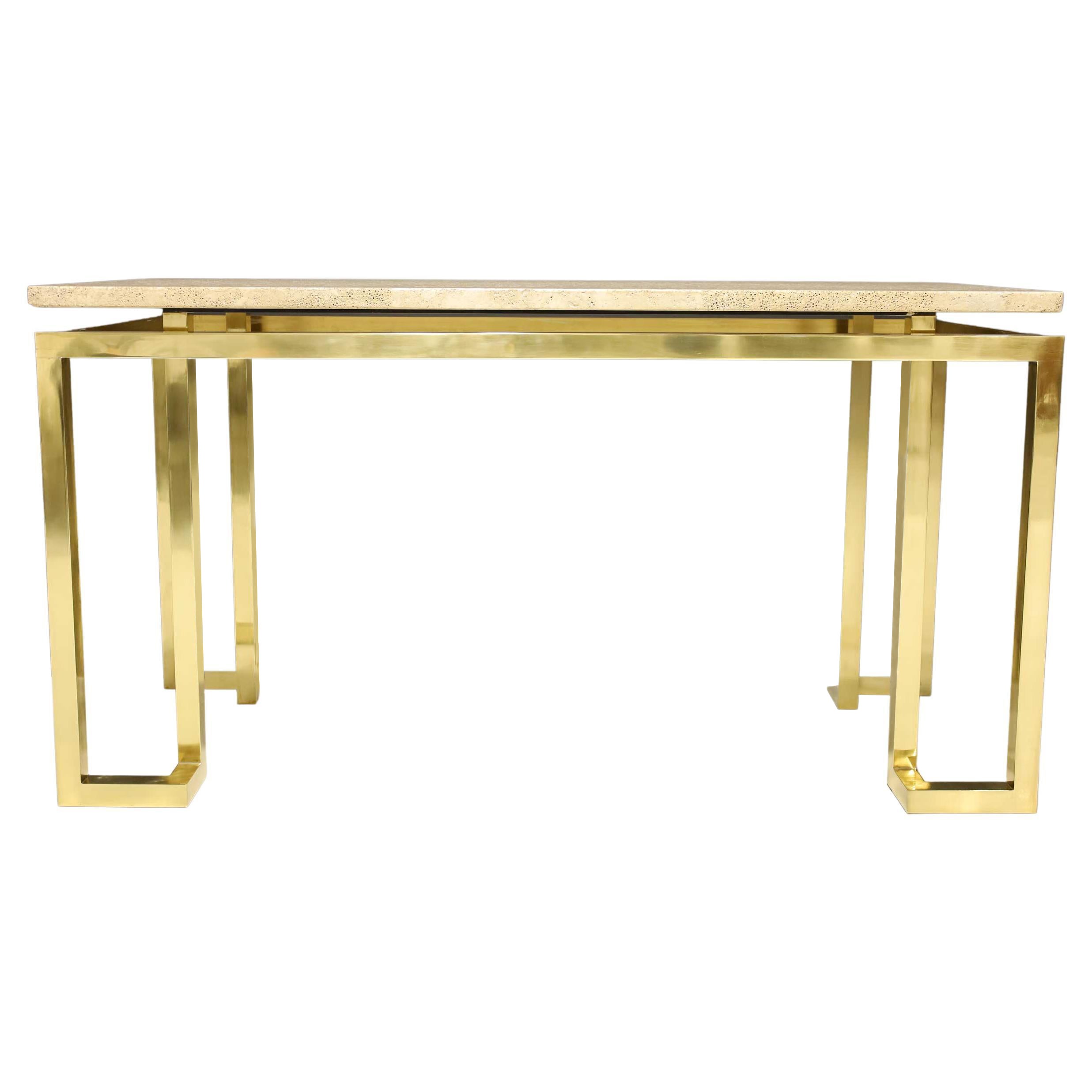 Paul M. Jones Mid-Century Brass and Travertine Console Table, USA
