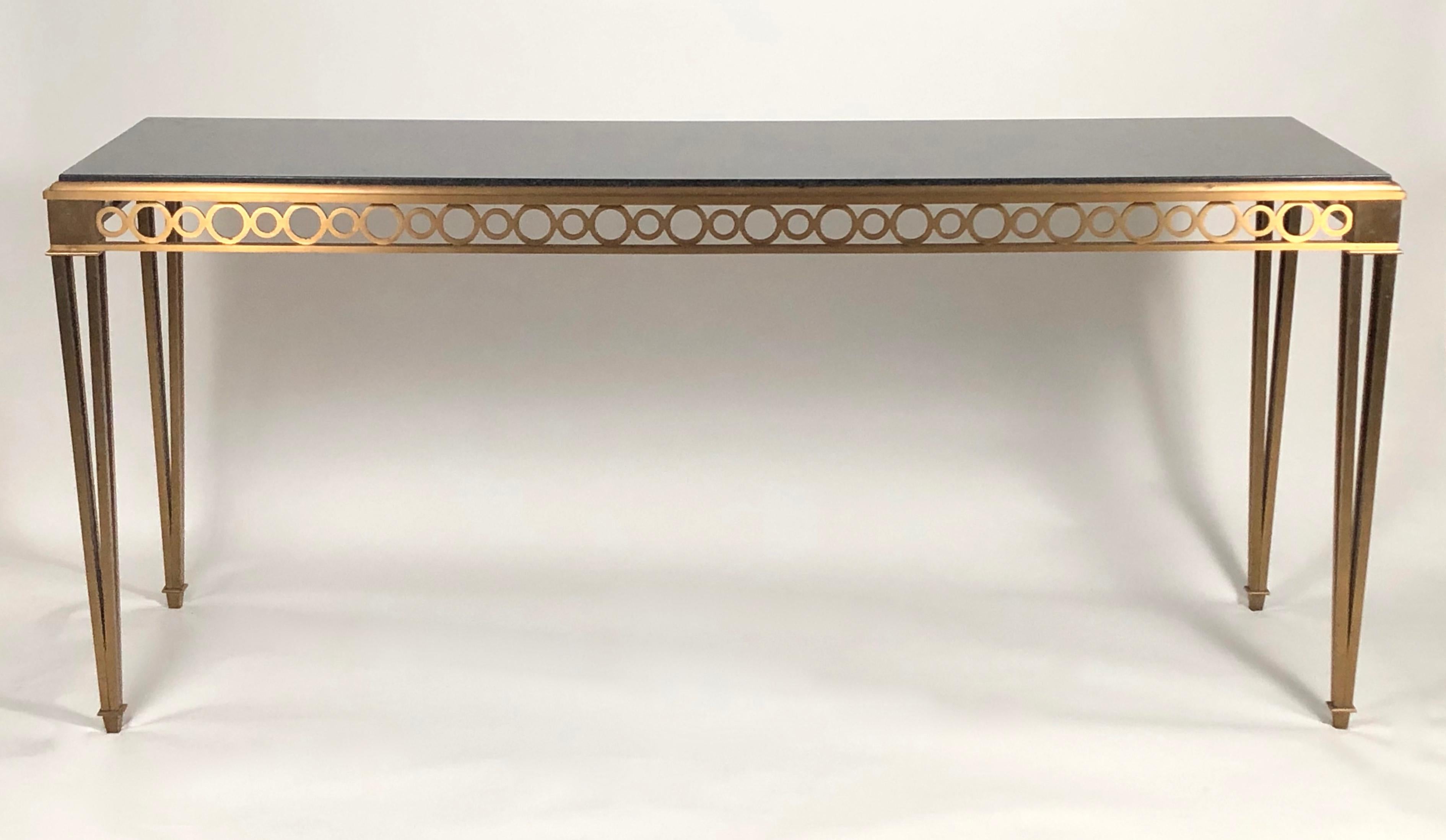 American Paul M. Jones attrib. Neoclassical Polished Black Granite & Brass Console Table