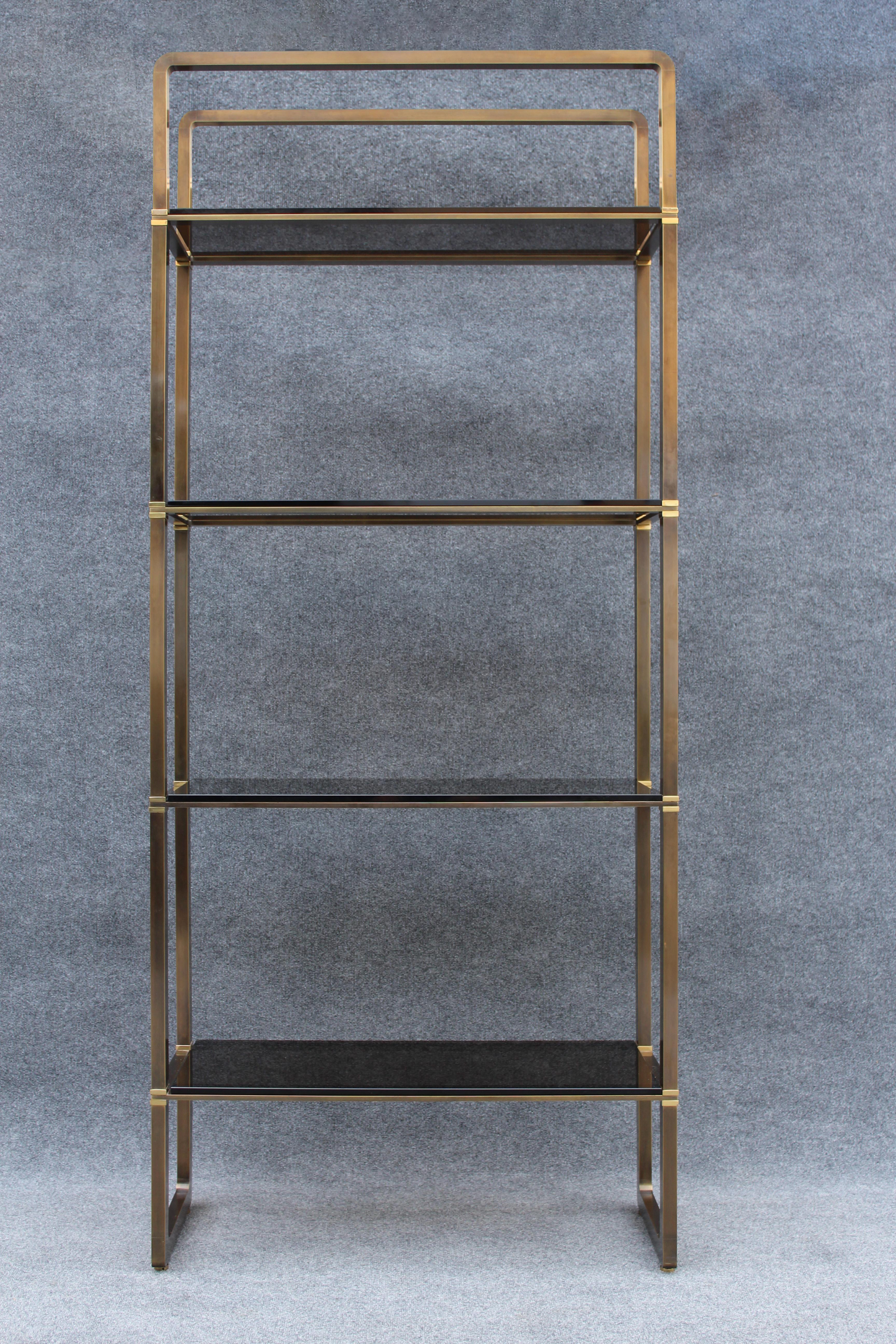 Brushed Paul M. Jones Solid Brass & Glass Large 4-Shelf Etagere For Sale