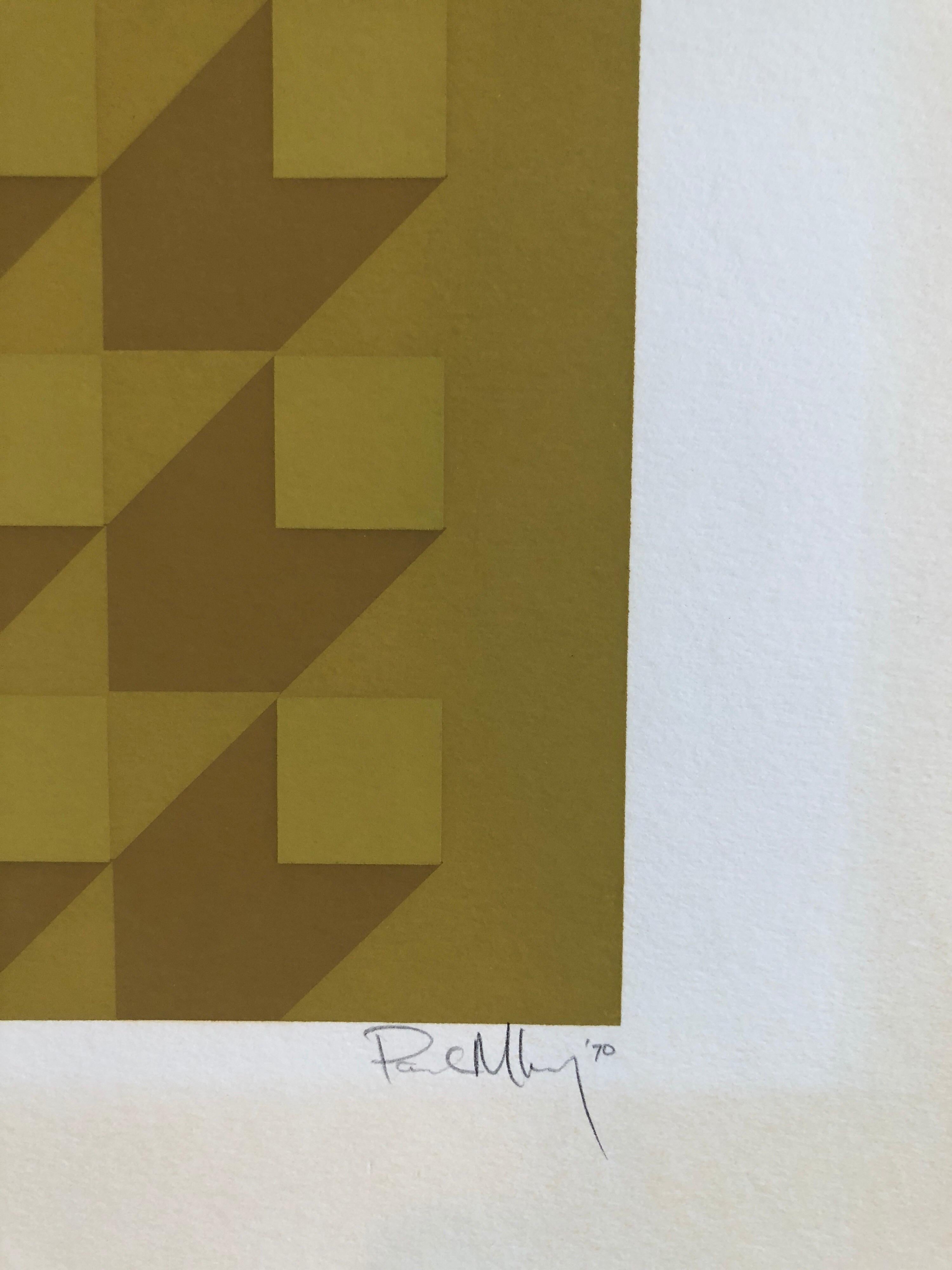 Abstract Geometric 1970s Vintage Silkscreen Screen Print Manner of Vasarely - Brown Abstract Print by Paul M. Levy