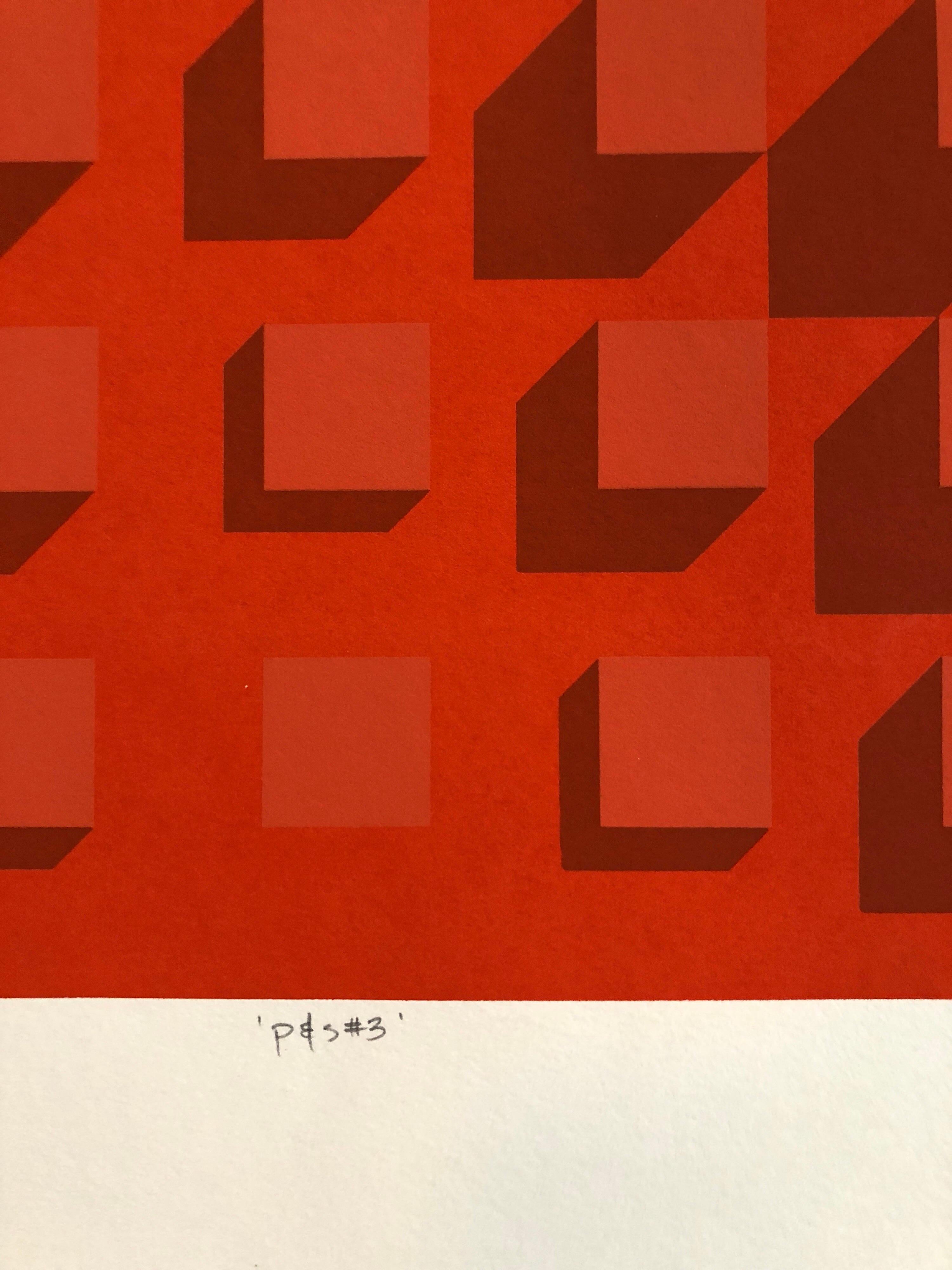 Abstract Geometric 1970s Vintage Silkscreen Screen Print Manner of Vasarely - Red Abstract Print by Paul M. Levy