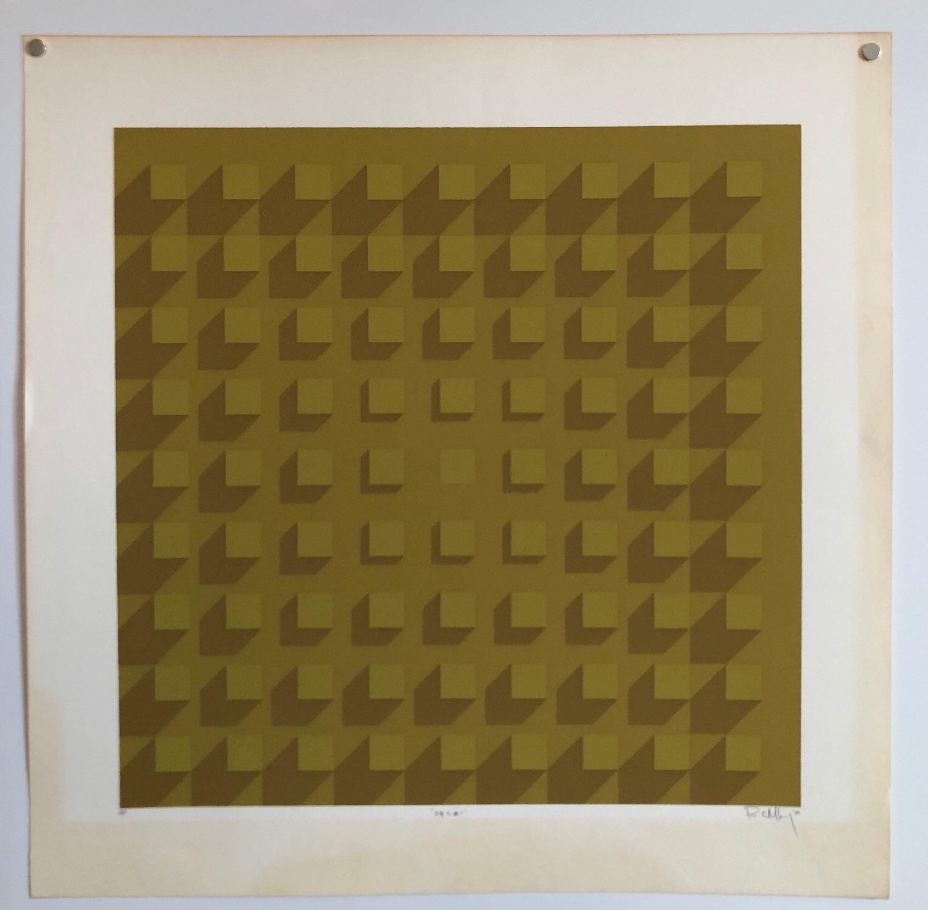 Abstract Geometric 1970s Vintage Silkscreen Screen Print Manner of Vasarely 1
