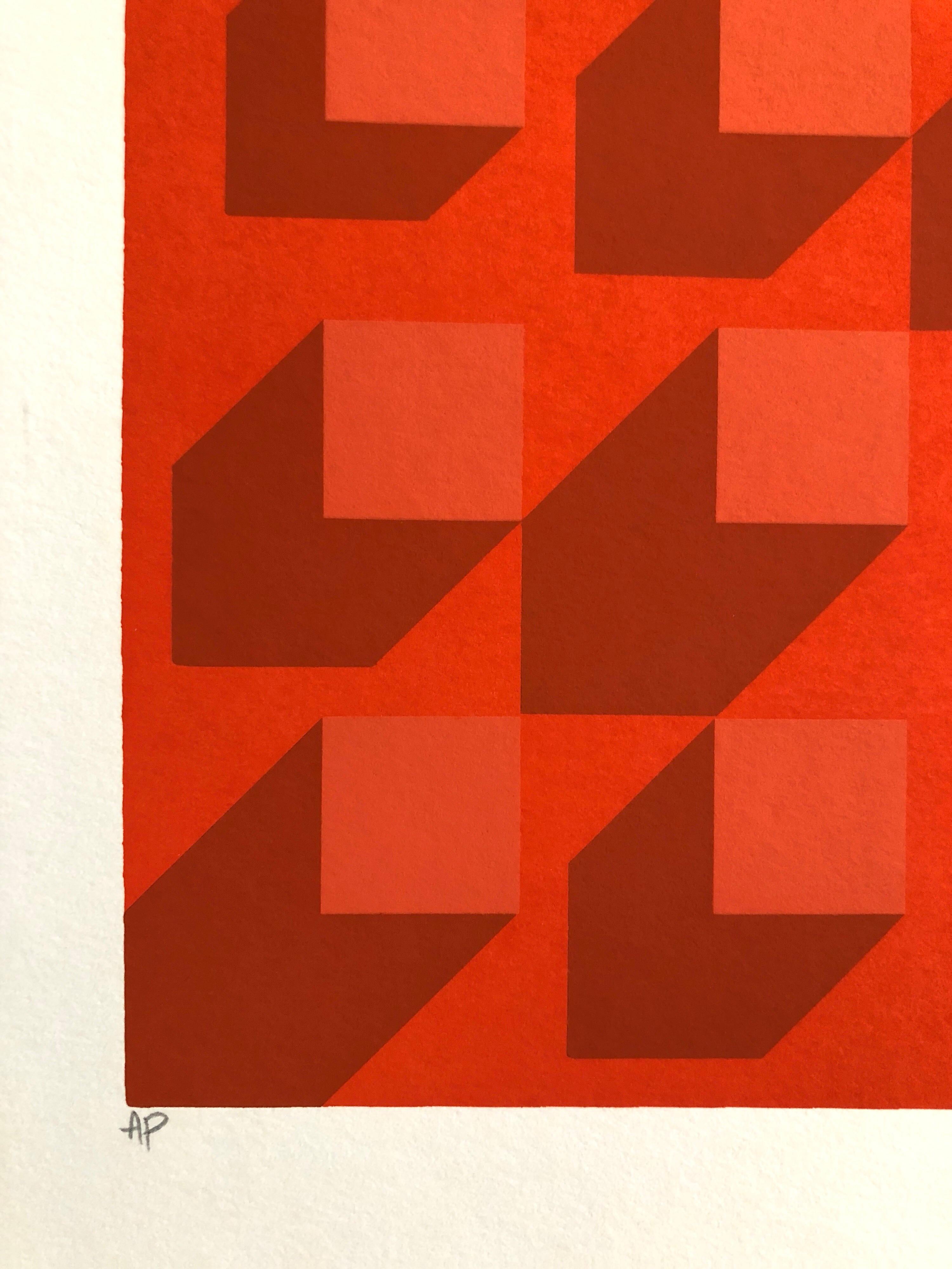 Abstract Geometric 1970s Vintage Silkscreen Screen Print Manner of Vasarely For Sale 3