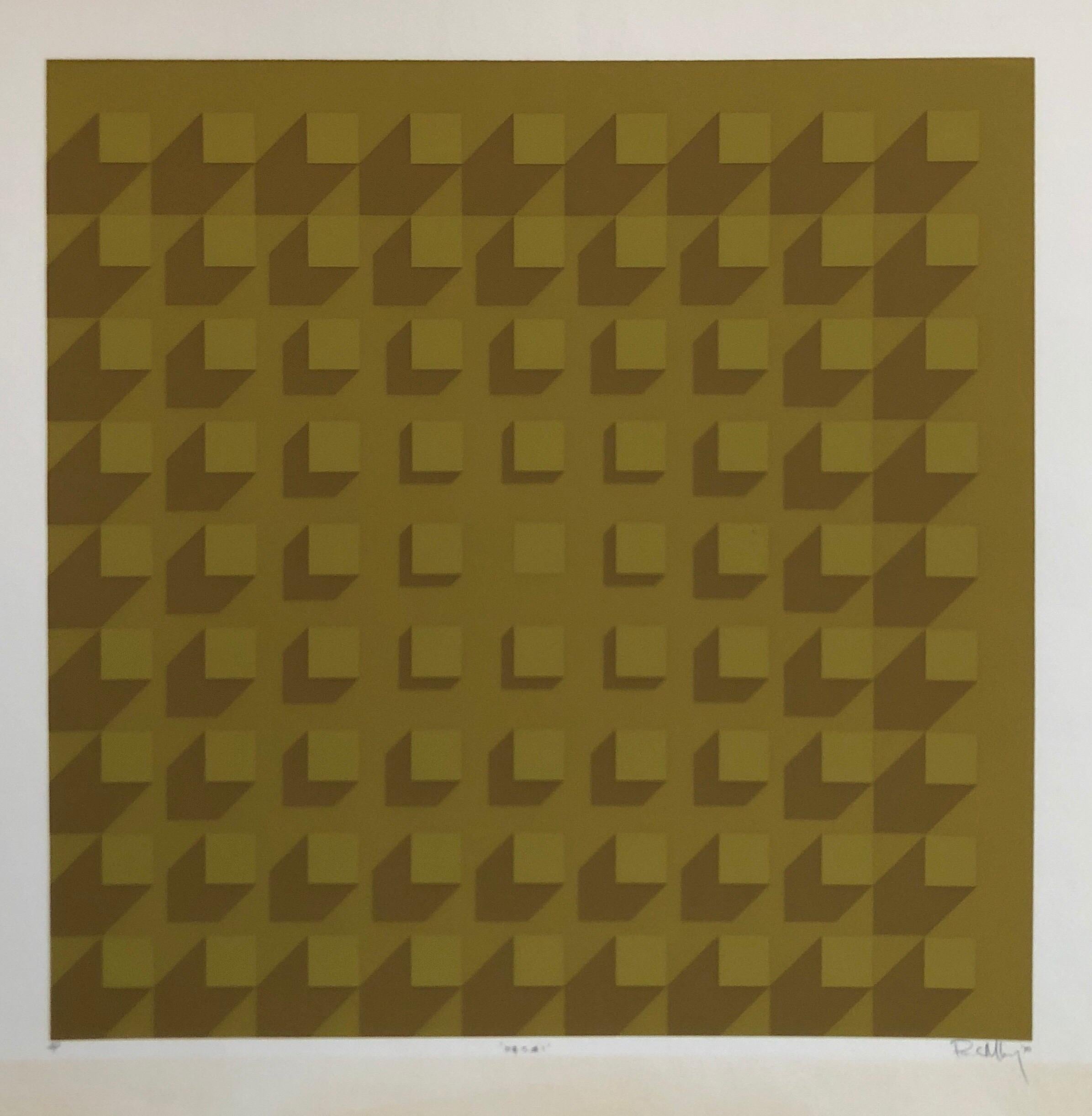 Abstrakter geometrischer Siebdruck 1970er Jahre Vintage Siebdruck in der Art von Vasarely