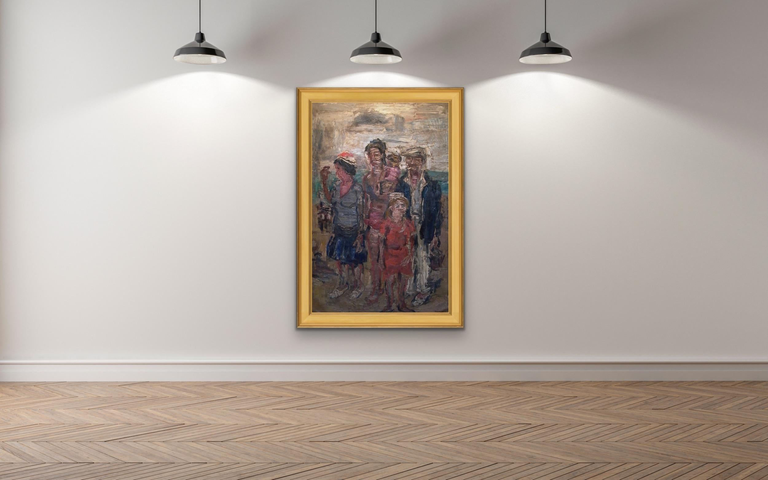 Les Vacances 1958 Family at the Beach - Large Expressionist Oil Painting canvas  For Sale 1