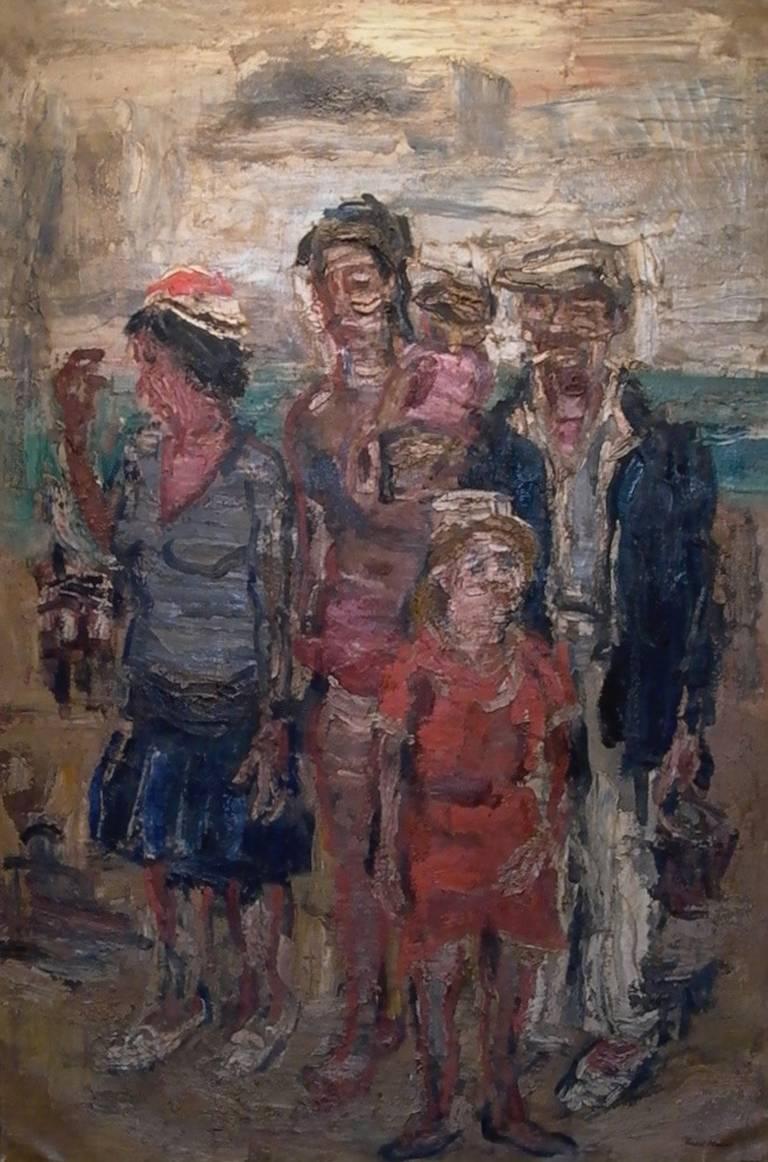 Les Vacances 1958 Familie am Strand – Großes expressionistisches Ölgemälde, Leinwand 
