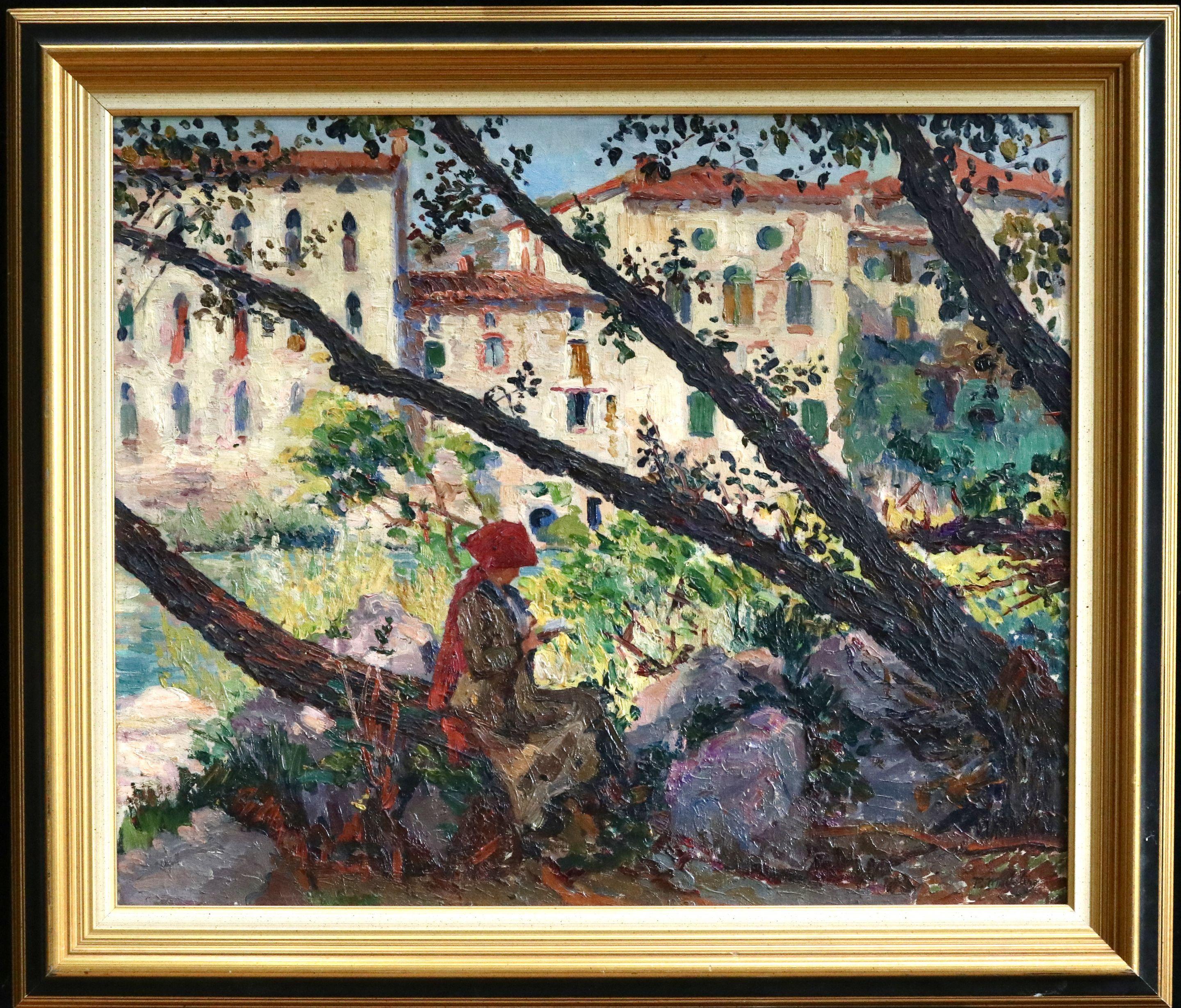 Oil on canvas circa 1910 by Paul Madeline depicting and elegant woman sitting in the shade of the tree reading, with the river and buildings in the background. Signed lower right. Framed dimensions are 27 inches high by 31 inches wide.

Paul