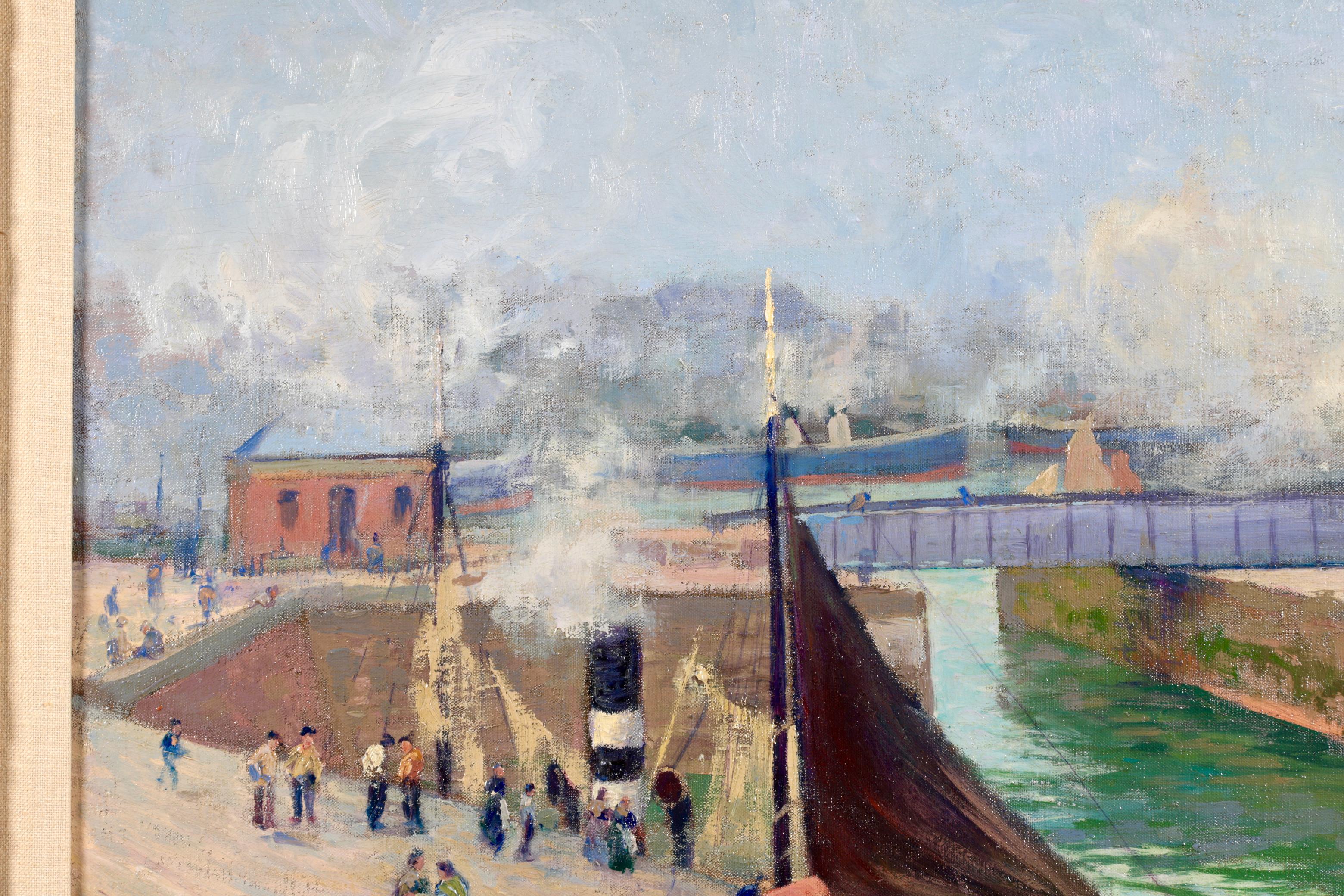 Signed and dated oil on canvas landscape by French post impressionist painter Paul Madeline. This beautiful work depicts the Tournant bridge over the River Arques at the seaport in Dieppe, France. Workers walk around the port beside the sales of a
