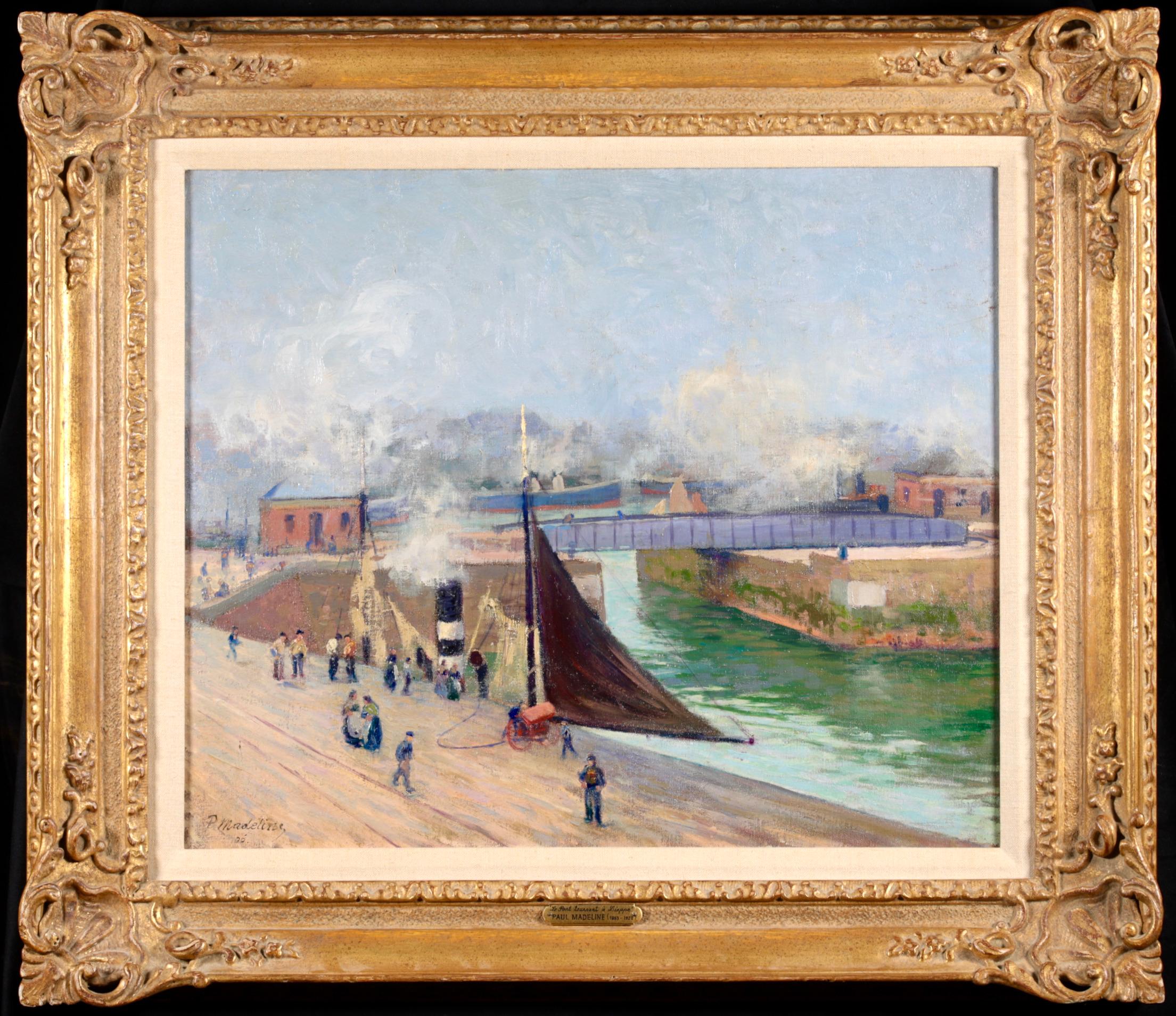 Signiert und datiert Öl auf Leinwand Landschaft von Französisch Post impressionistischen Maler Paul Madeline. Dieses schöne Werk zeigt die Tournant-Brücke über den Fluss Arques im Seehafen von Dieppe, Frankreich. Arbeiter spazieren durch den Hafen,