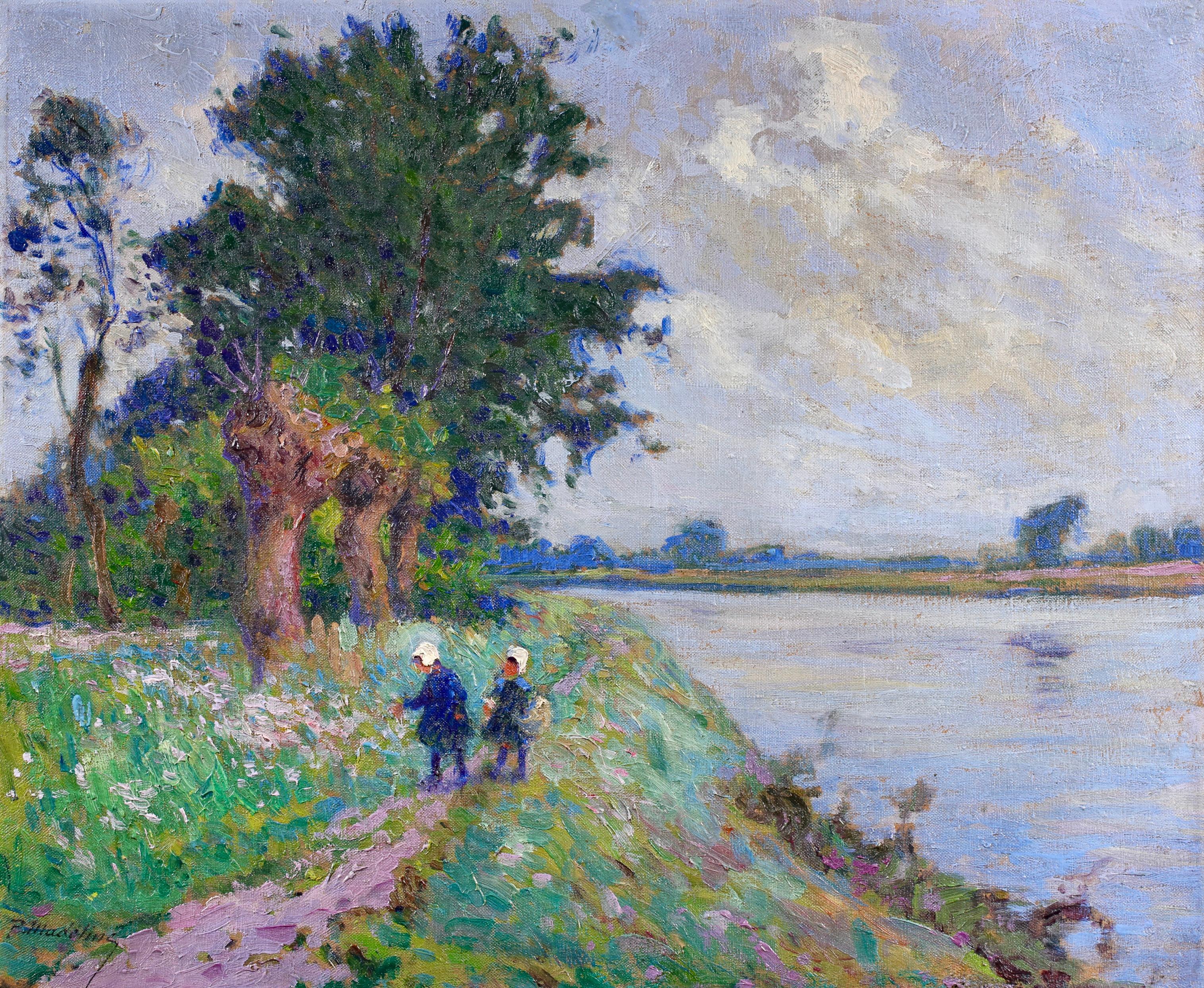 Enfants ramassant des fleurs - Paisaje postimpresionista Óleo de Paul Madeline en venta 1