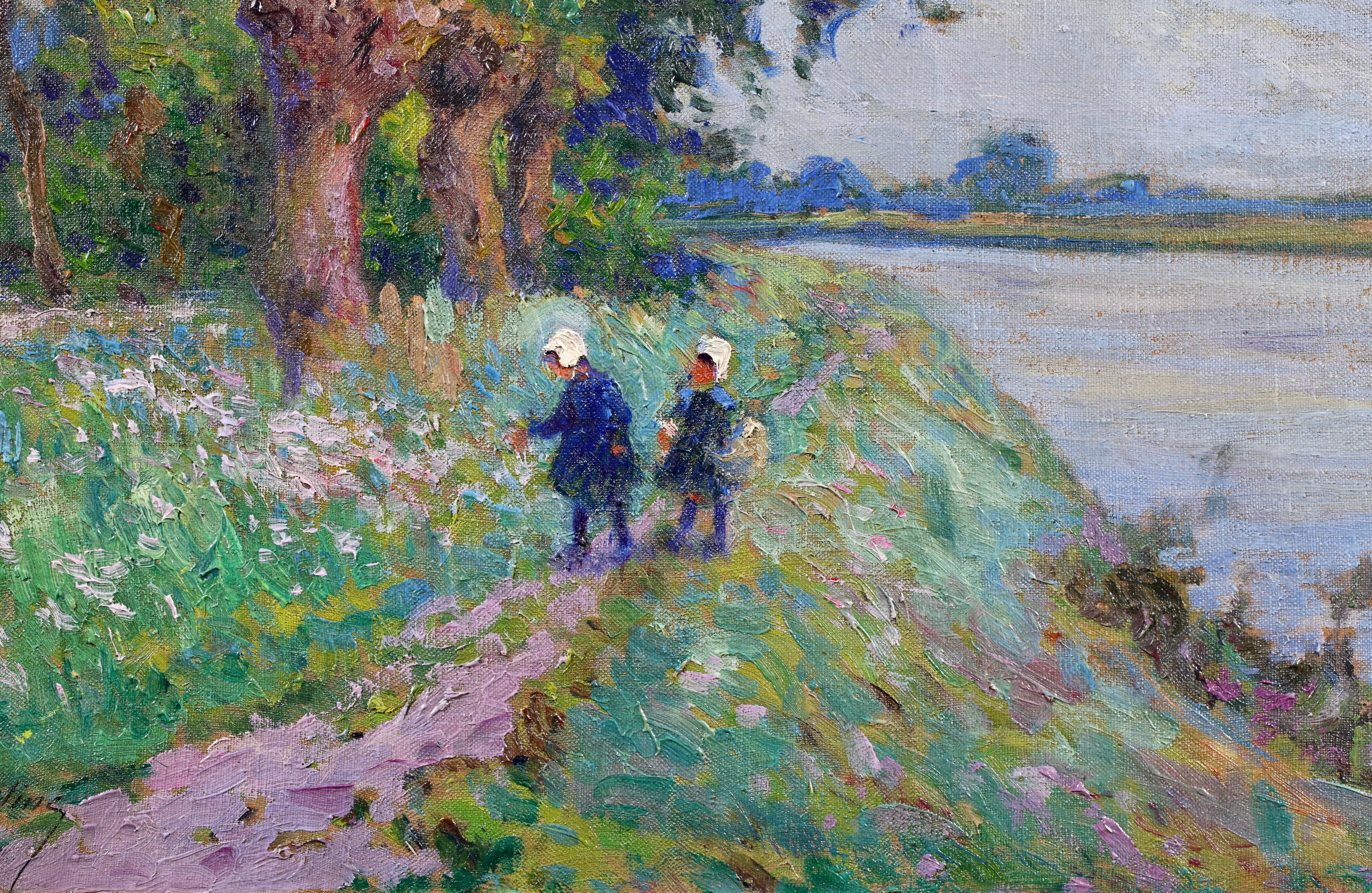 Enfants ramassant des fleurs - Paisaje postimpresionista Óleo de Paul Madeline en venta 2