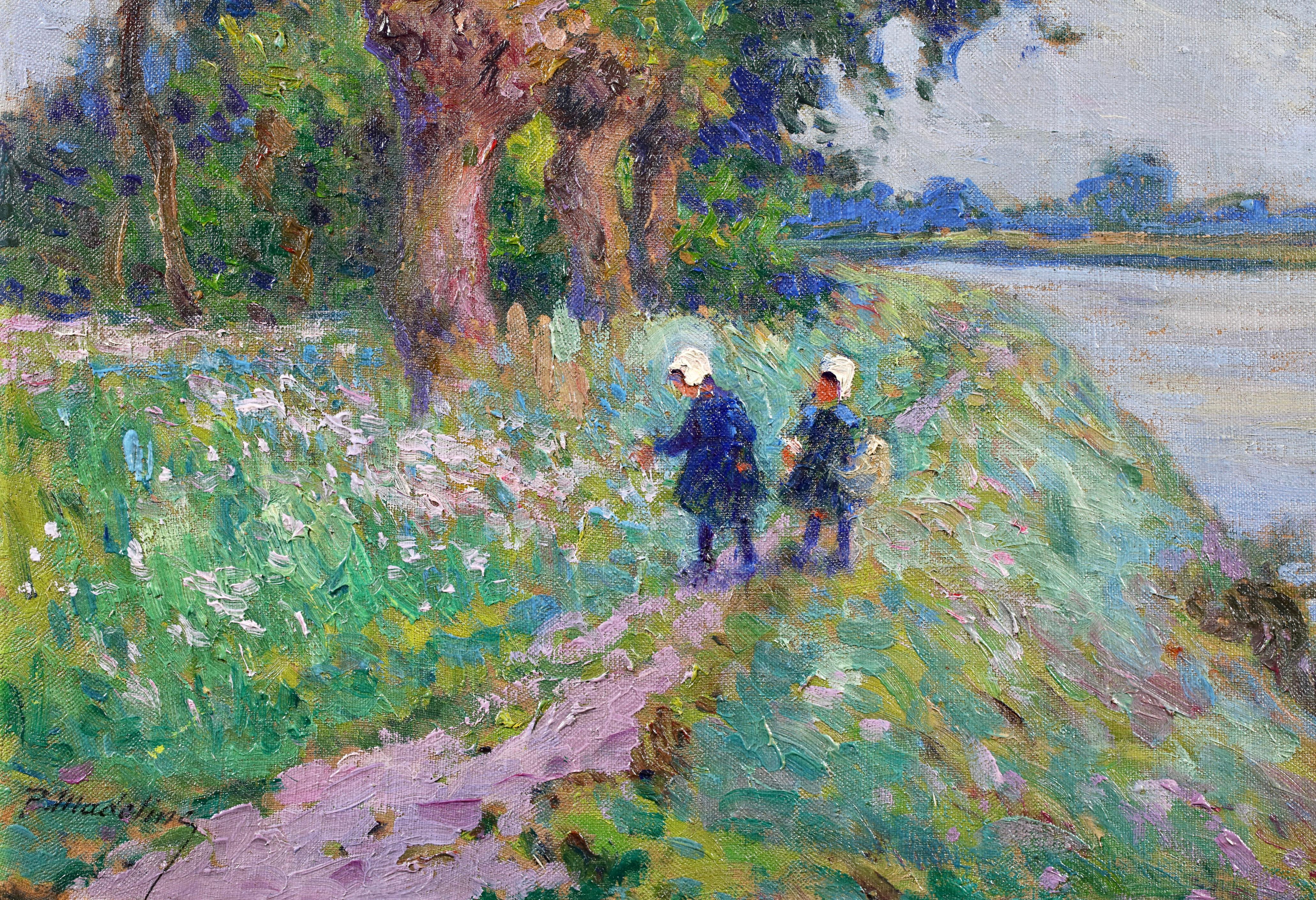 Enfants ramassant des fleurs - Paisaje postimpresionista Óleo de Paul Madeline en venta 3