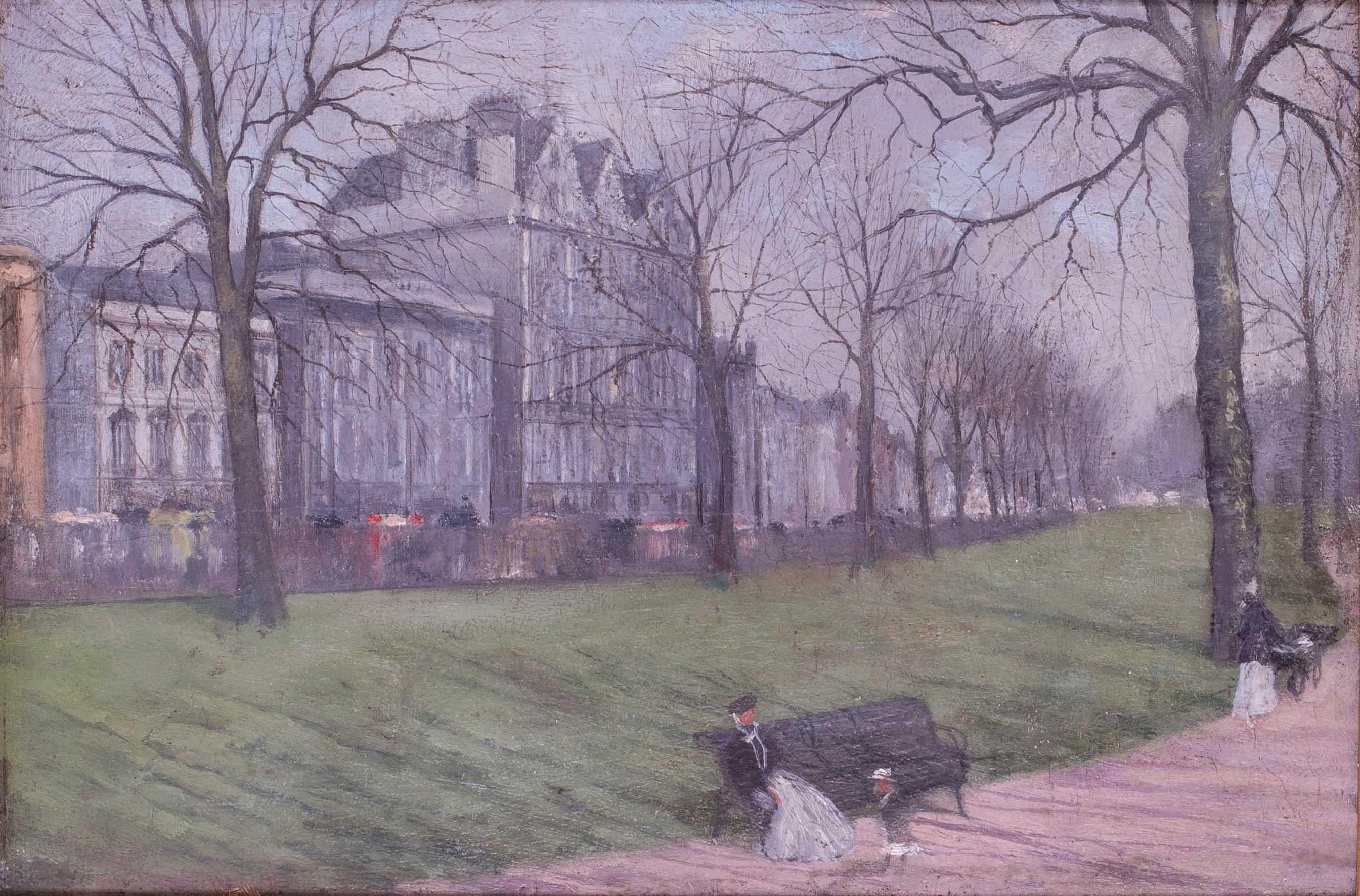 Paul Maitland (britannique, 1863 - 1909)
Nounous à Green Park, avant Piccadilly, Londres
Huile sur panneau
7.5/8 x 11.3/8 in. (19,4 x 29 cm.)

.  Dans un cadre en bois doré avec des sections intérieures peintes et un bord extérieur avec un slip en