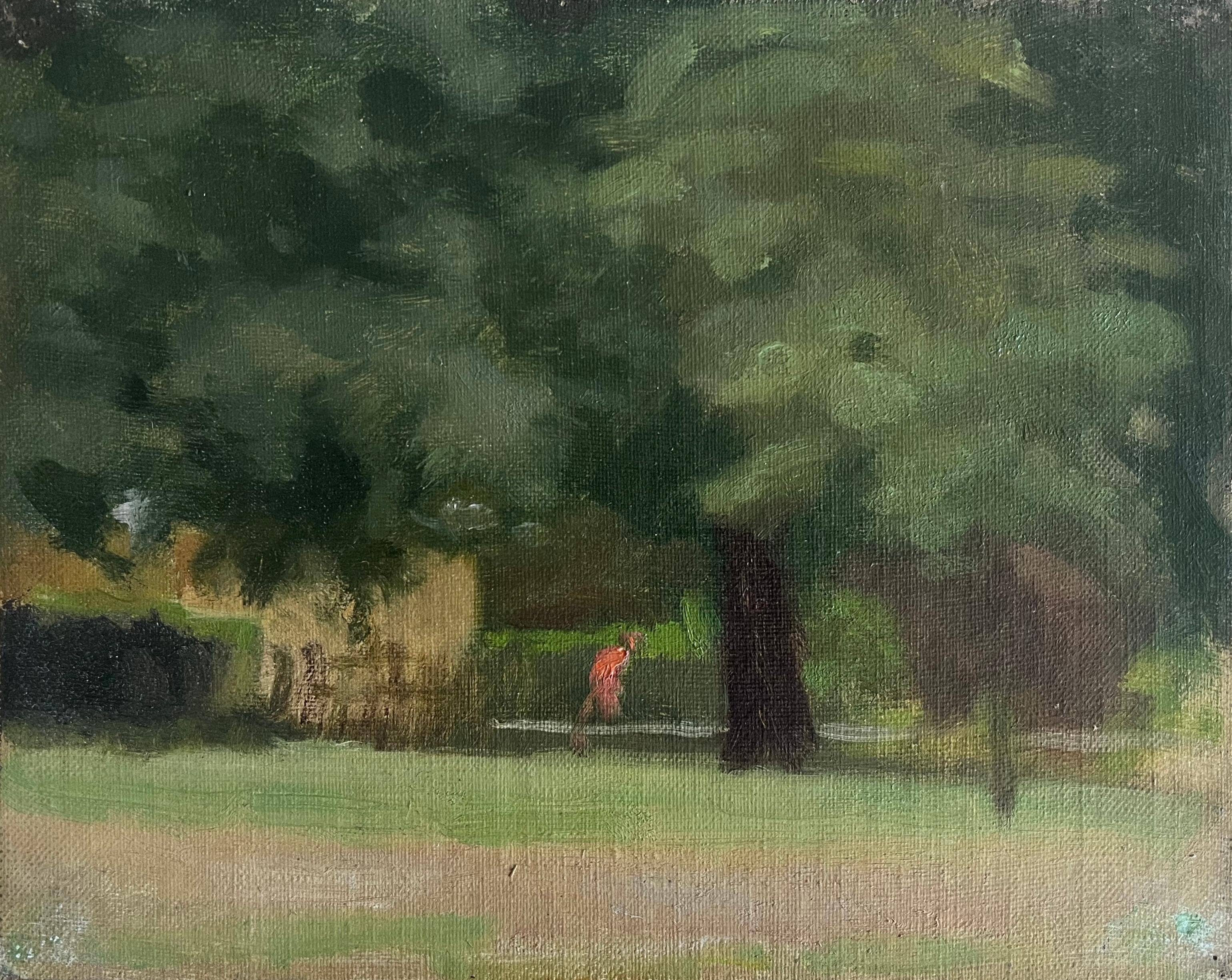 A very atmospheric sketch of a figuring hurrying through a park. The red figure drawn into focus against a green background.

Circle of Paul Fordyce Maitland (1863-1909)
A figure in a park
Oil on canvas laid down on board
7¼ x 9½ inches without
