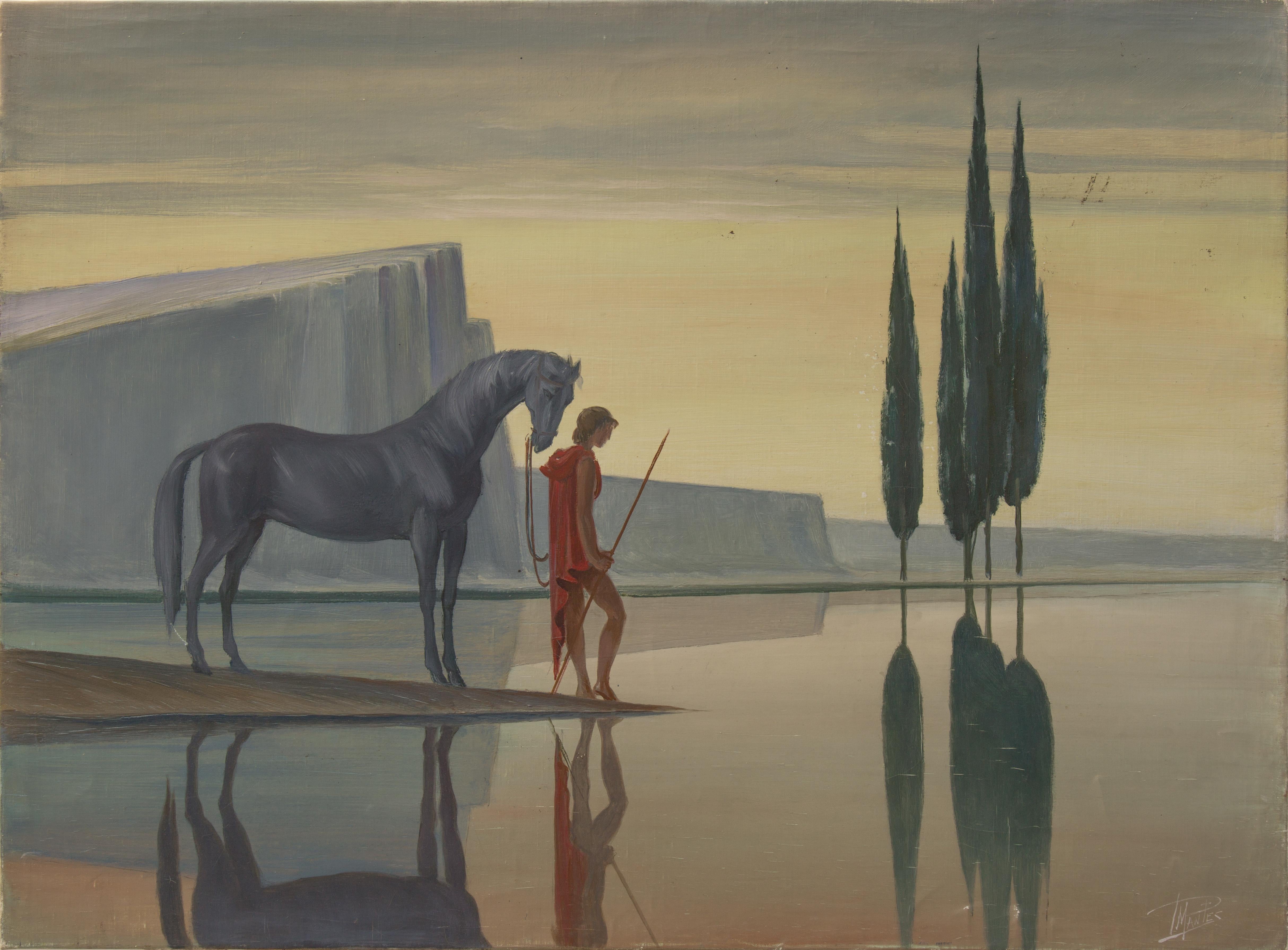 Paul Mantes Landscape Painting - The Rider. Metaphysical dreamlike scene of a Man and a Horse at the edge of Lake