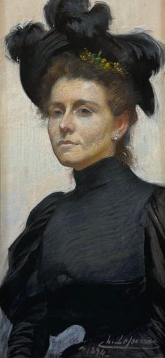 "Una dama de negro, 1894" Retrato impresionista francés Pastel sobre lienzo Firmado