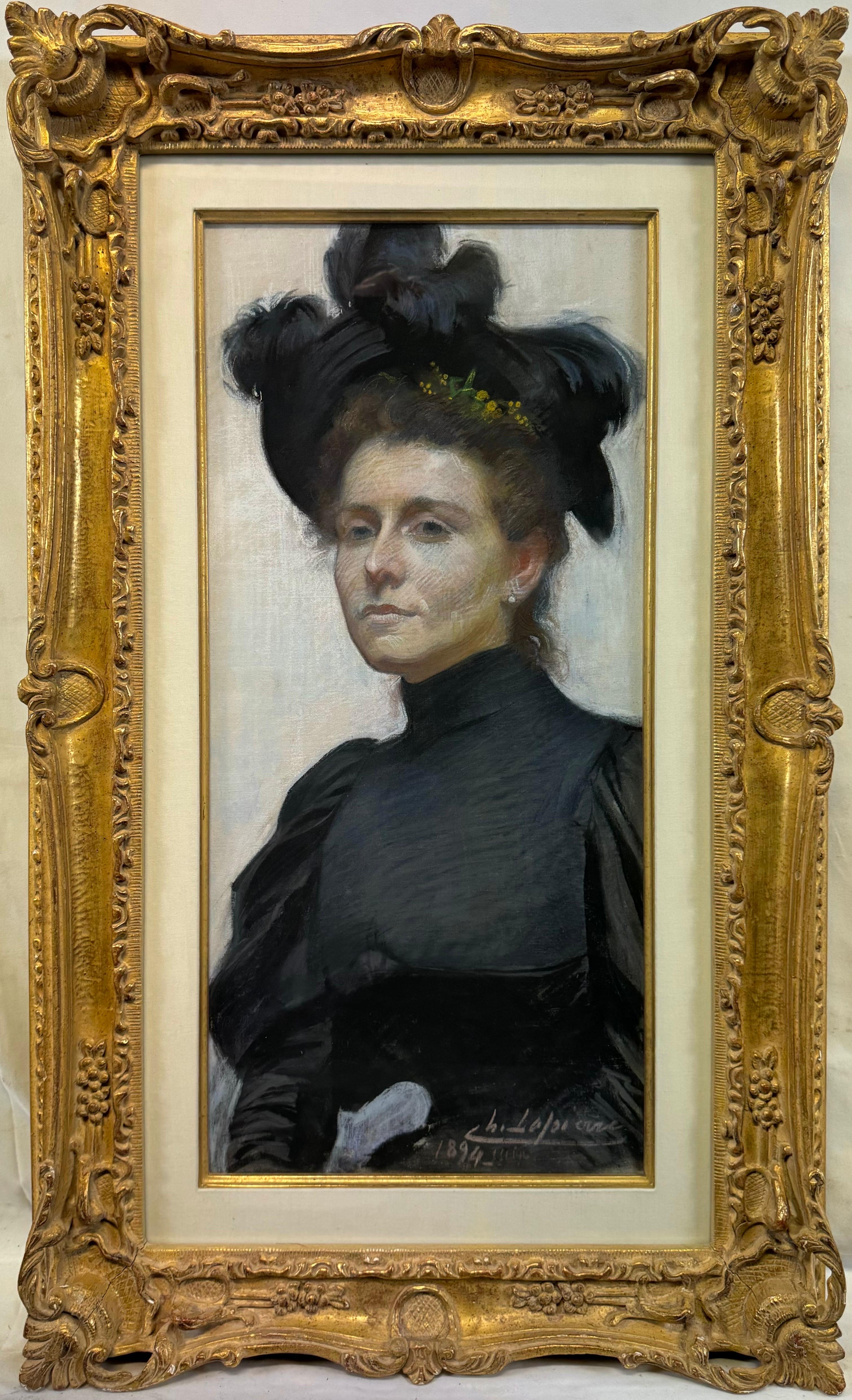 Figurative Painting Paul-Marie Lapierre Renouard - "Une dame en noir, 1894" Portrait impressionniste français Pastel sur toile signé