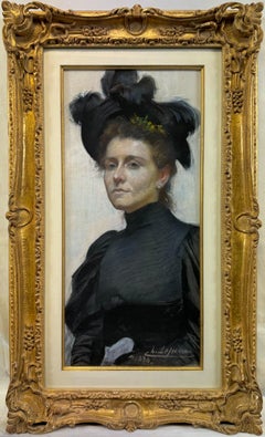 "Une dame en noir, 1894" Portrait impressionniste français Pastel sur toile signé