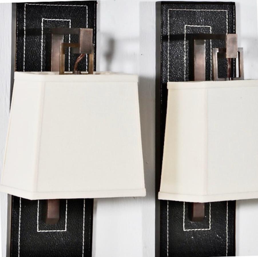 Art Deco Paul Marra Leather and Brass Sconces For Sale