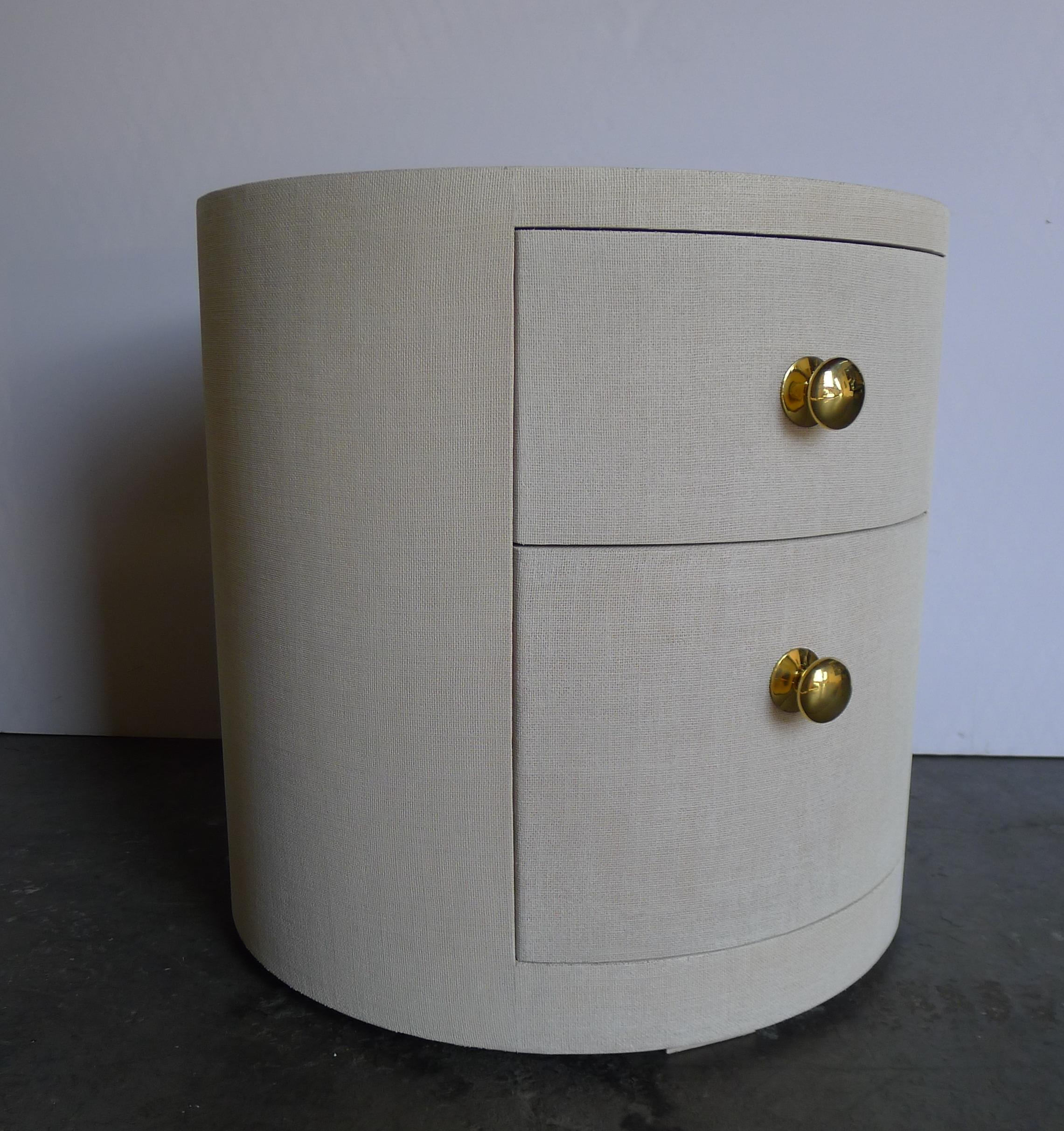 Modern Paul Marra Linen-Wrapped Round Nightstand For Sale