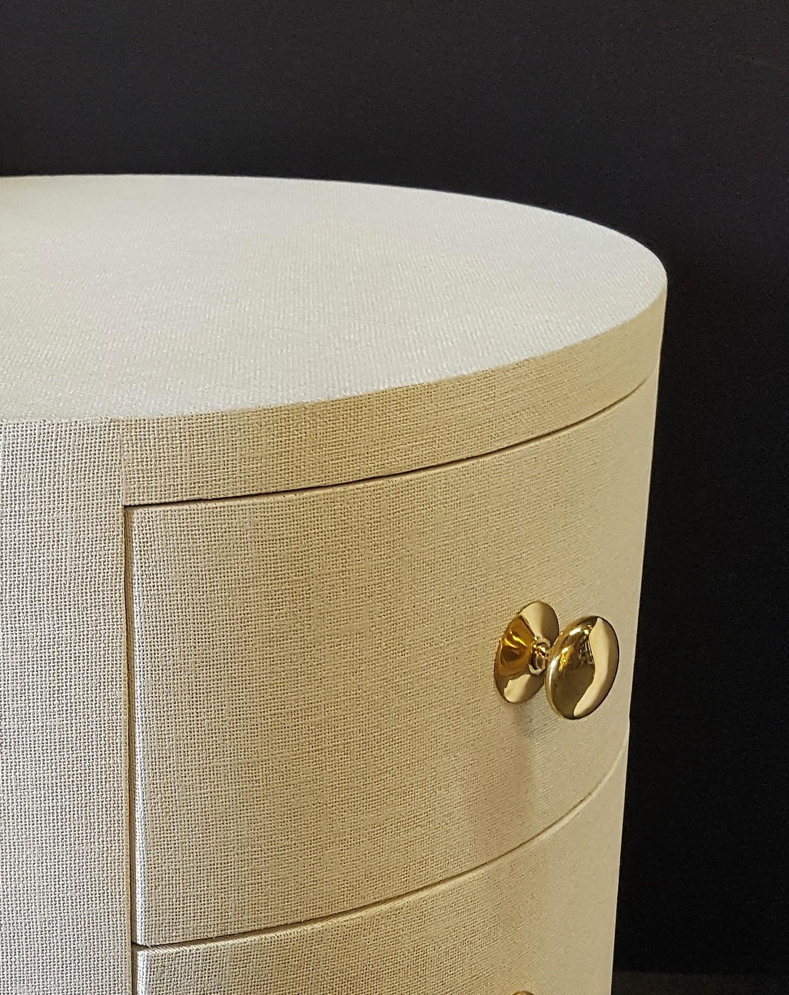American Paul Marra Linen-Wrapped Round Nightstand For Sale