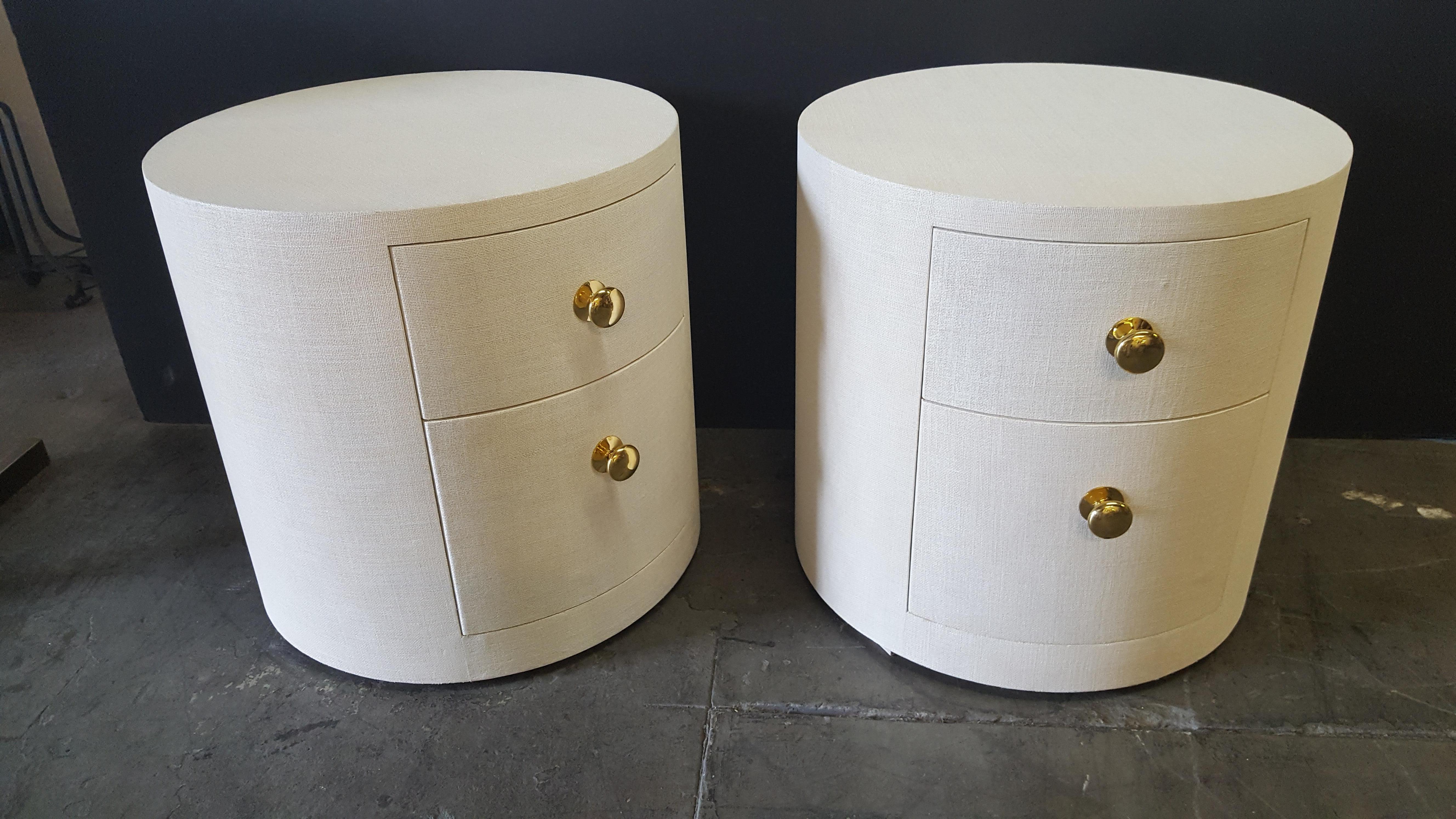 Paul Marra Linen-Wrapped Round Nightstand In New Condition For Sale In Los Angeles, CA