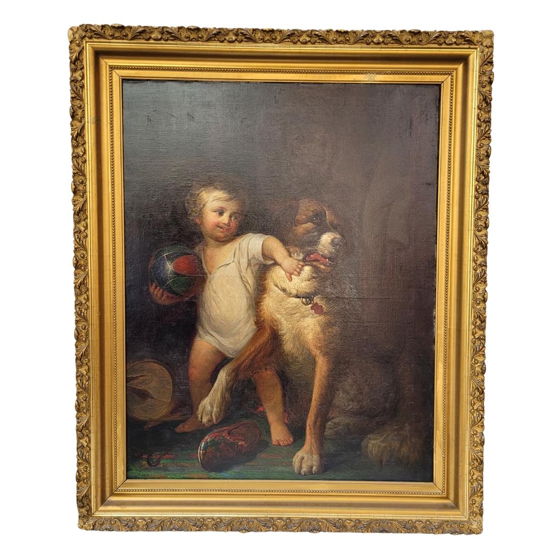 Napoleon III Child Portrait Boy with Dog French School Paul Martin Workshop en vente 1