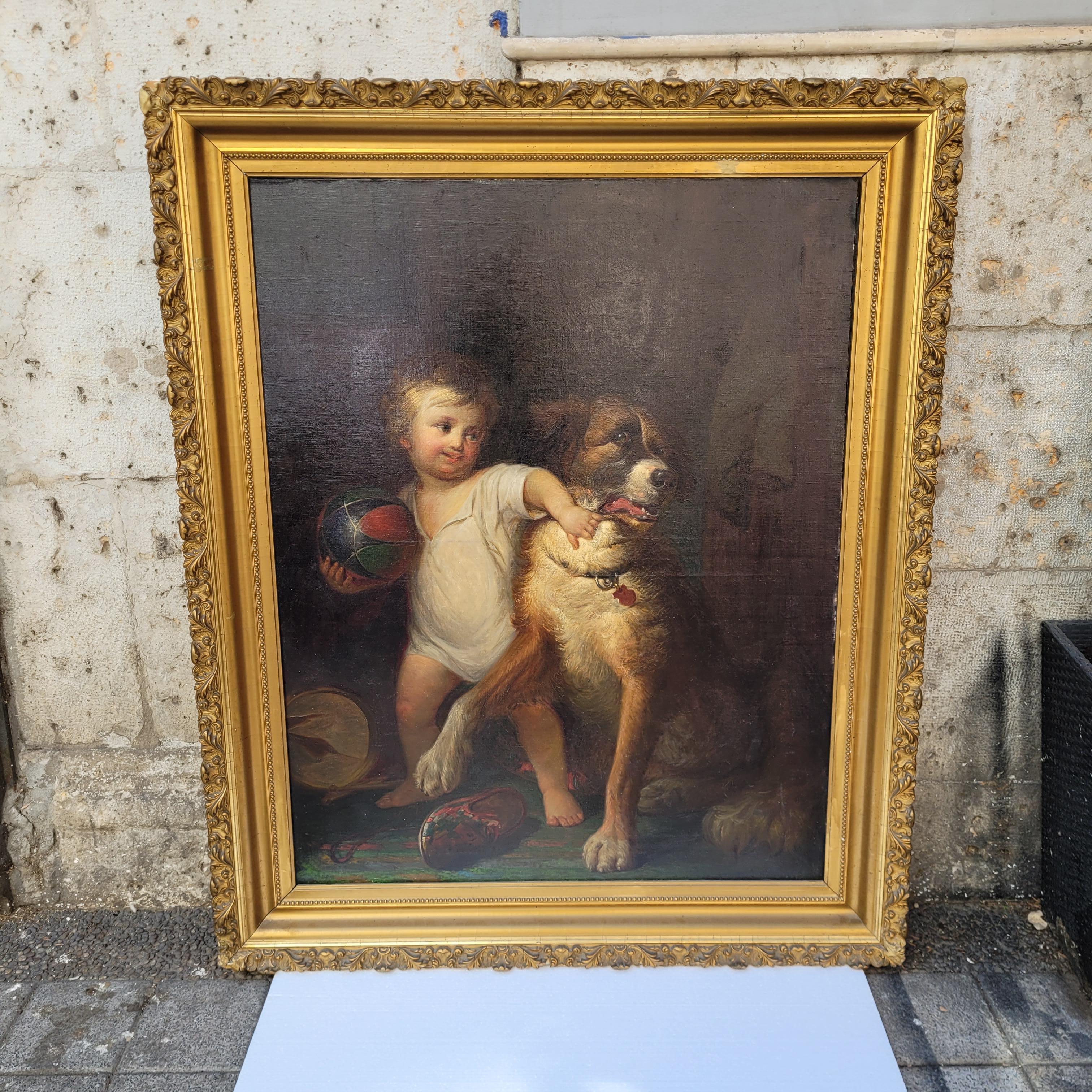 Napoleon III Child Portrait Boy with Dog French School Paul Martin Workshop en vente 6