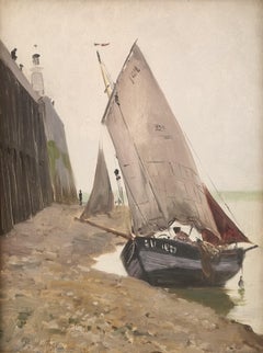 Peinture impressionniste française du 19ème Marin MATHEY Bateau Phare Port Bretagne