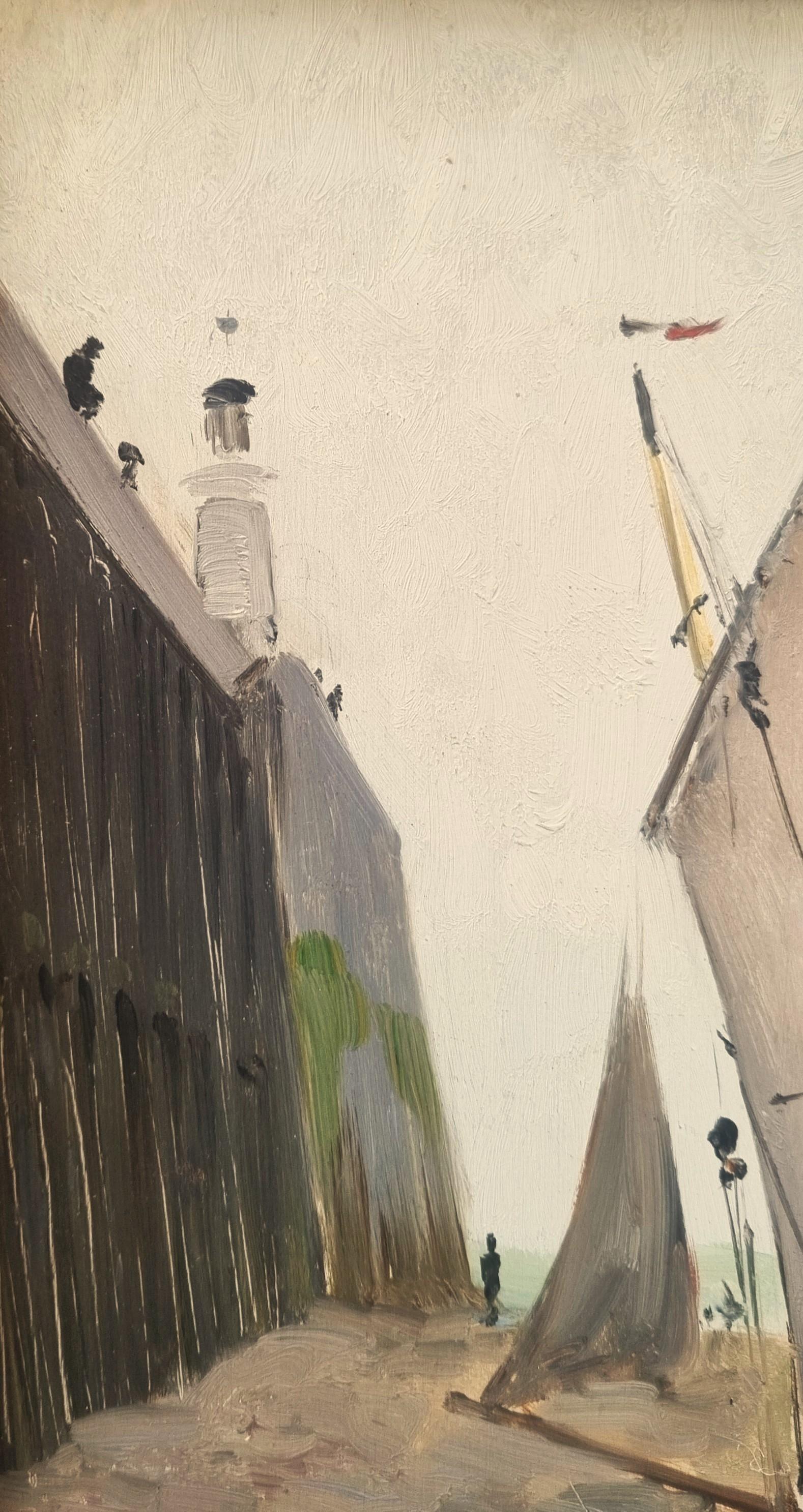 Französisch Impressionist 19. Marine Malerei MATHEY Boot Leuchtturm Hafen Bretagne (Beige), Landscape Painting, von Paul Mathey